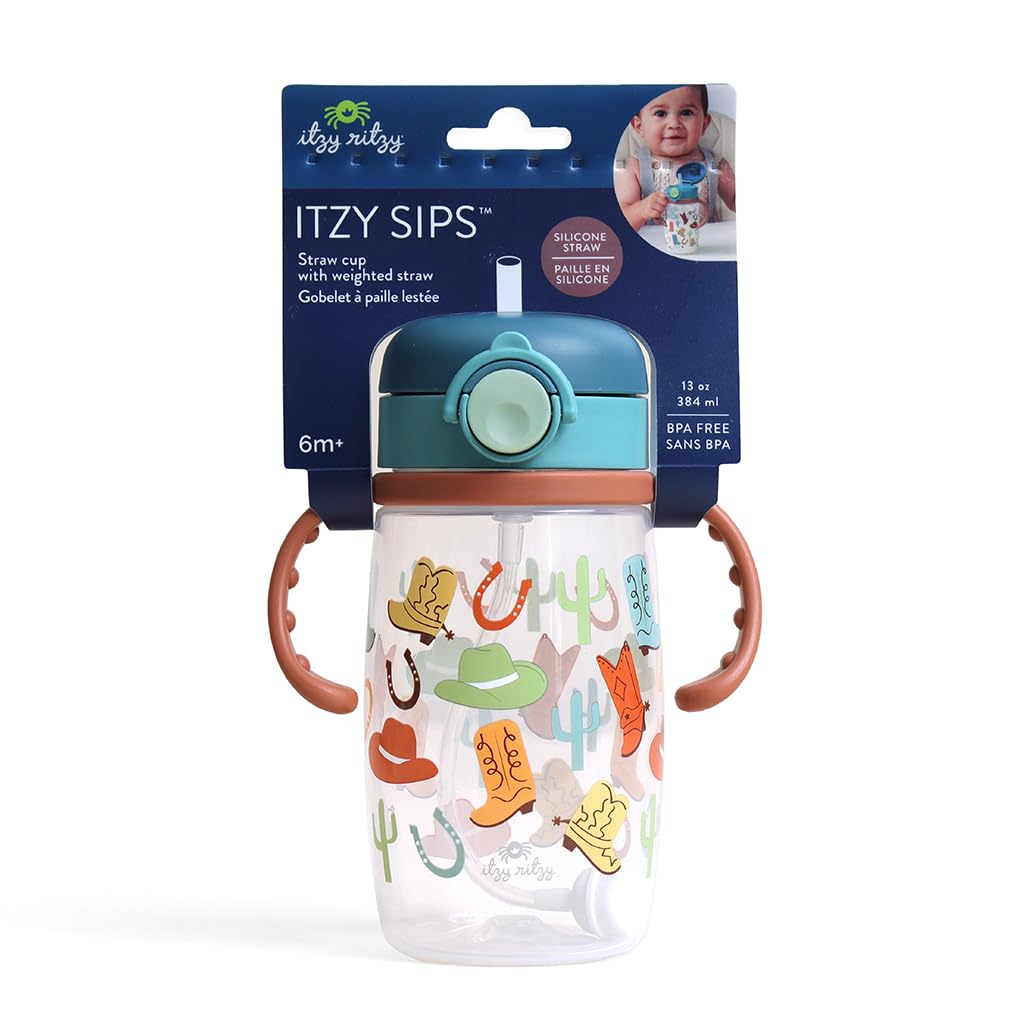 Itzy Ritzy Sippy Cup for Toddlers – Weighted Silicone Straw, Easy-Grip Handles, Snap-Close Leak-Proof Lid, BPA-Free & Dishwasher Safe – Bottle-to-Cup Transition Cup, 13oz (Western)
