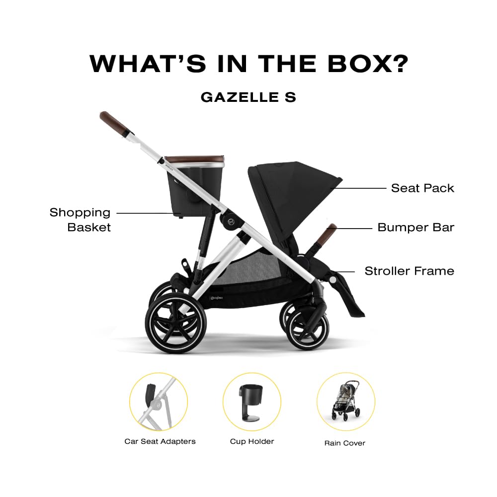 Cybex Gazelle S All-in-One Toddler and Baby Stroller with Over 20 Modular Configurations, Ergonomic Near-Flat Recline, Shopper Basket, and Compact Fold, Moon Black, Silver Frame