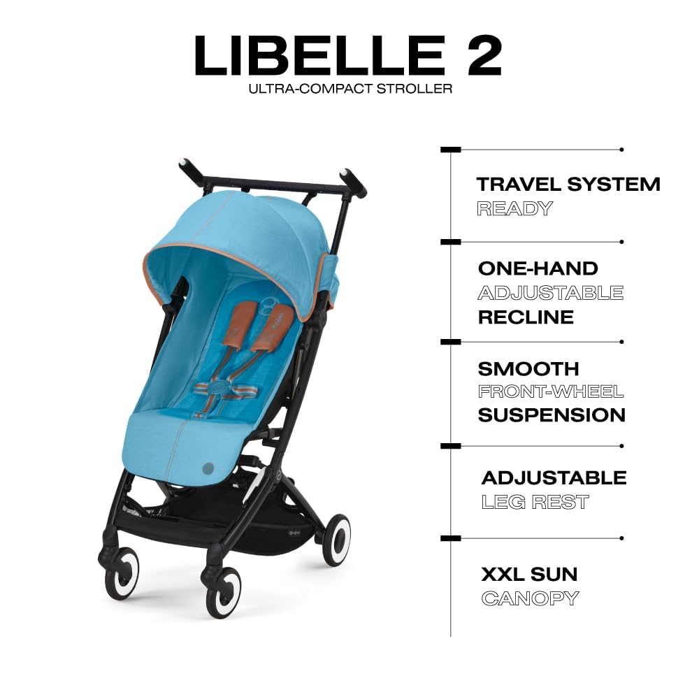 Cybex Libelle Lightweight pockit Travel Baby Stroller - Carry-On Compliant Compact Fold, One-Hand Adjustable Recline - Compatible with CYBEX Car Seats, Beach Blue