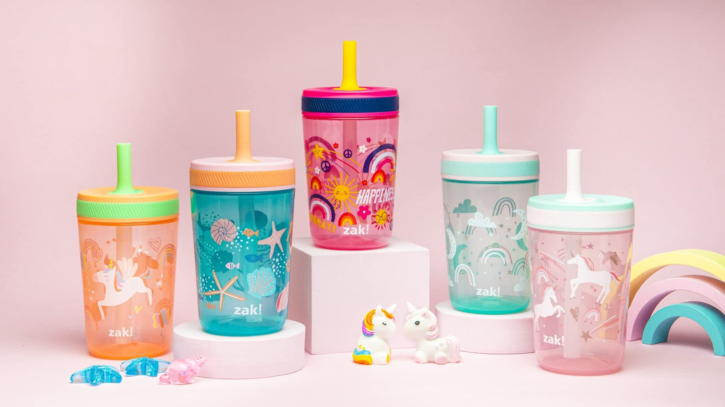 Zak Designs Kelso Toddler Cups For Travel or At Home, 15oz 2-Pack Durable Plastic Sippy Cups With Leak-Proof Design is Perfect For Kids (Fanciful Unicorn, Happy Skies)
