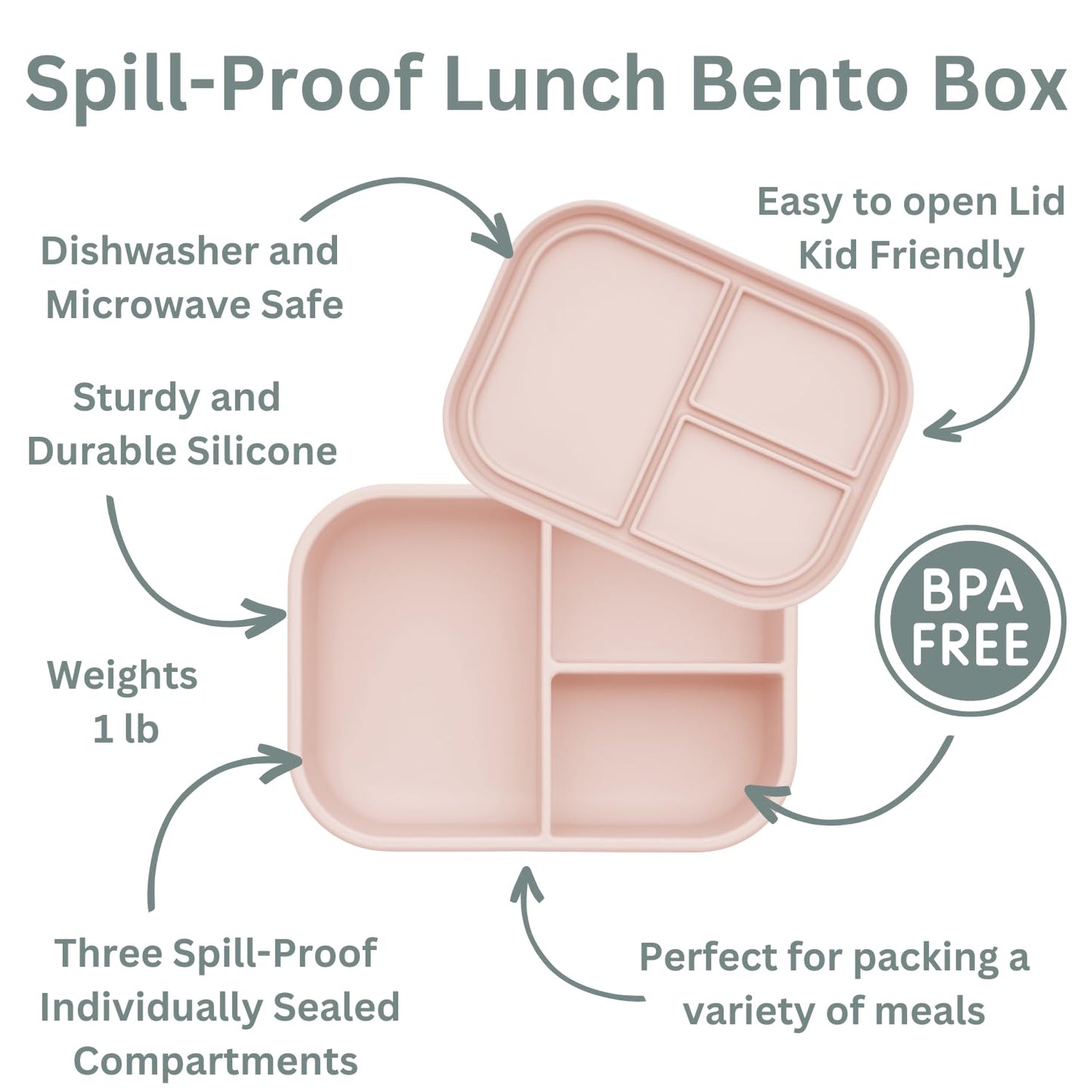 Ali+Oli Silicone Bento Box (Blush) Lunch Box for Kids, Toddlers, Preschoolers & Adults | BPA-Free and Spill-Proof | Ideal for School, and On-the-Go Meals| Perfect for Lunch, Snacks, and Meals