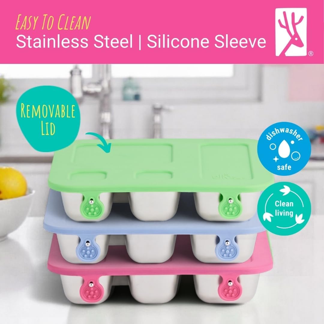 Elk and Friends Kids Stainless Steel Bento Box with Silicone Lid | Leak-proof | Toddler Lunch Container | 4 Compartments | Dishwasher Safe