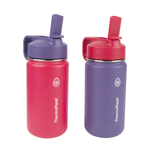 ThermoFlask Kids Bottle with Straw Lid - Durable & Dishwasher-Safe Water Bottles & Lids - Leak-Proof Bottle Lid Design - Reusable Water Bottles for Everyday Use - 14 oz (2 Pack)