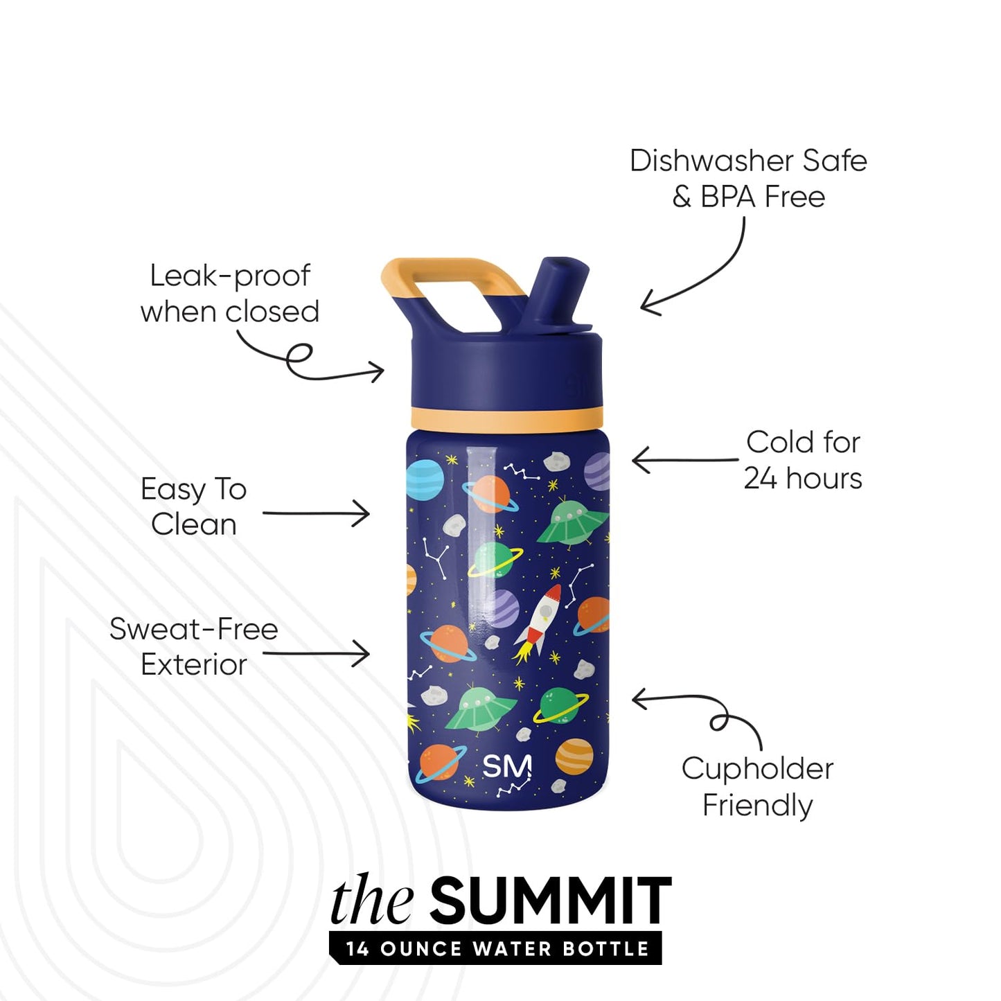 Simple Modern Kids Summit Water Bottle with Straw Lid | 14oz Stainless Steel Cup Insulated Tumbler Tumbler for Boys, Girls, School | Outer Space