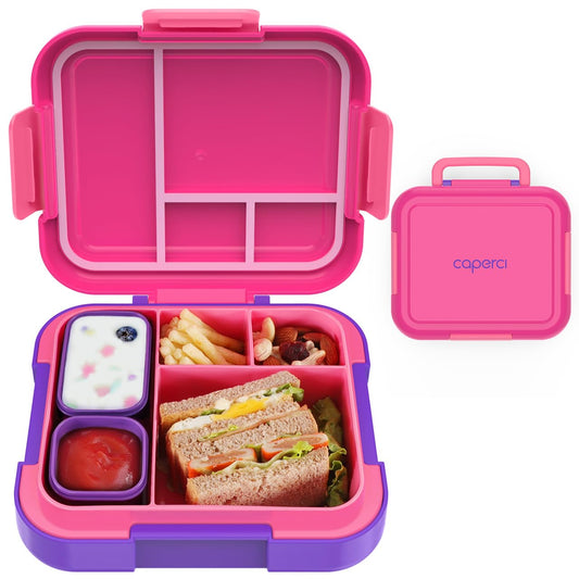 Caperci Bento Lunch Box for Kids - Large 4.8 Cups Lunch Container with 2 Modular Containers - 4 Compartments, Leak-Proof, Portable Handle, Microwave/Dishwasher Safe (Fuchsia/Purple)