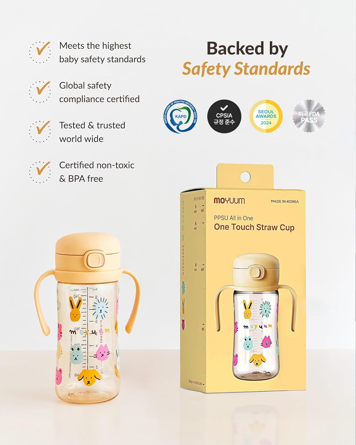 MOYUUM Leak Proof Sippy Cup with Handle | Made in Korea, 100% BPA Free PPSU, Magic No Spill Straw Cup with Attached Flip Top Lid, Easy to Hold for Babies and Toddlers, 9oz Yellow