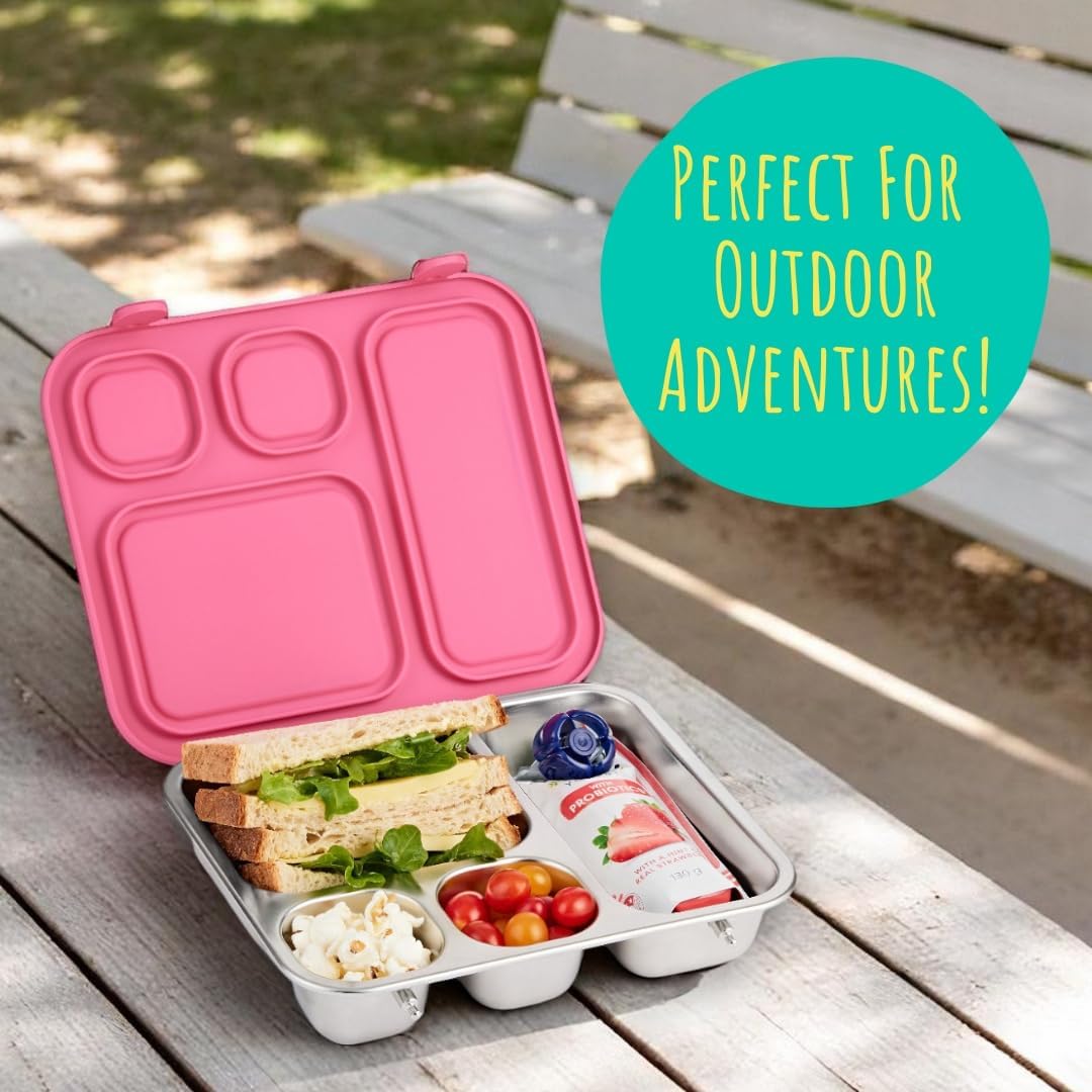 Elk and Friends Kids Stainless Steel Bento Box with Silicone Lid | Leak-proof | Toddler Lunch Container | 4 Compartments | Dishwasher Safe