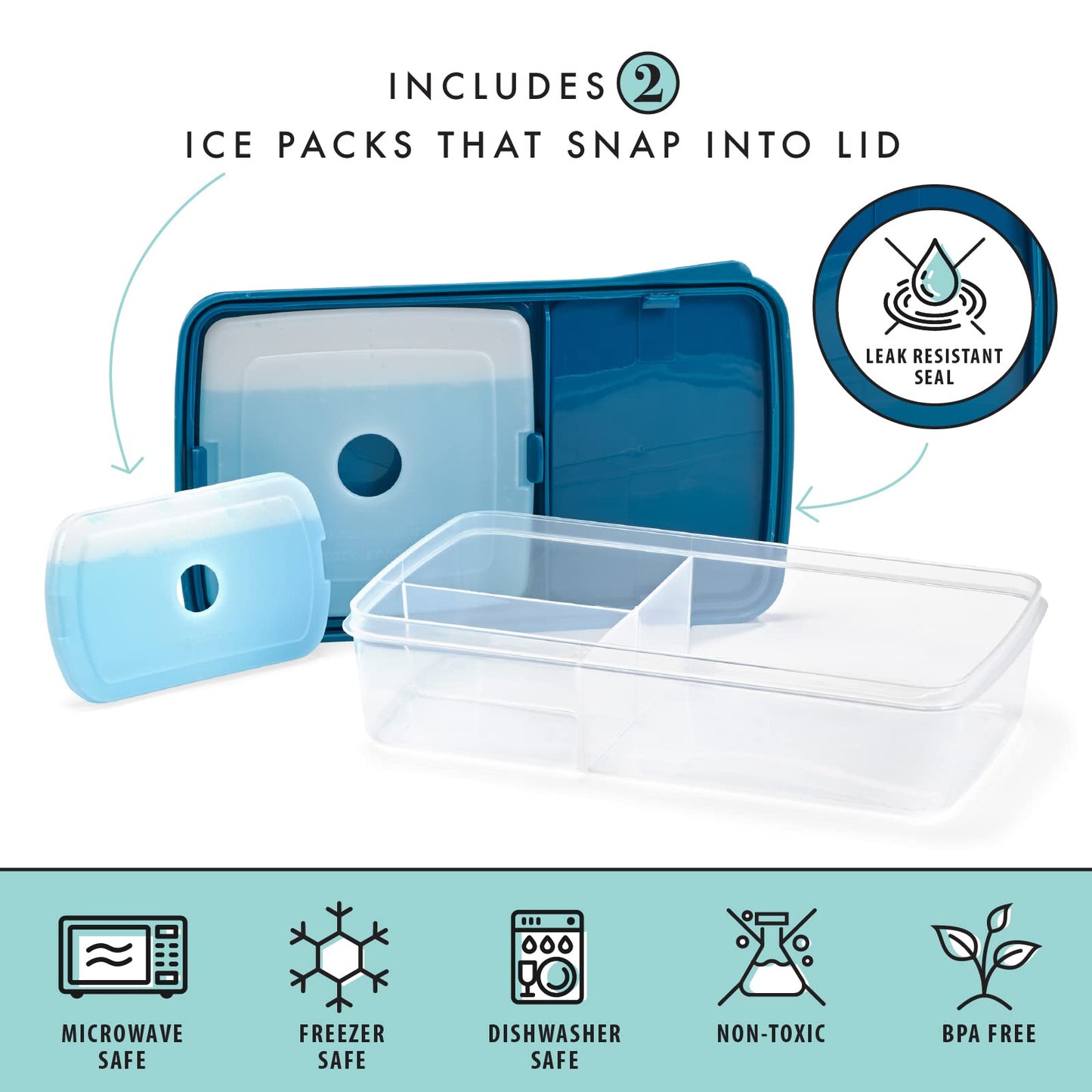 Fit & Fresh Bento Box Adult and Kids Lunch Box Container, Includes 2 Slim Clip-in Ice Packs, Reusable, Leak-Resistant, & Stackable Lunch Container for Adults