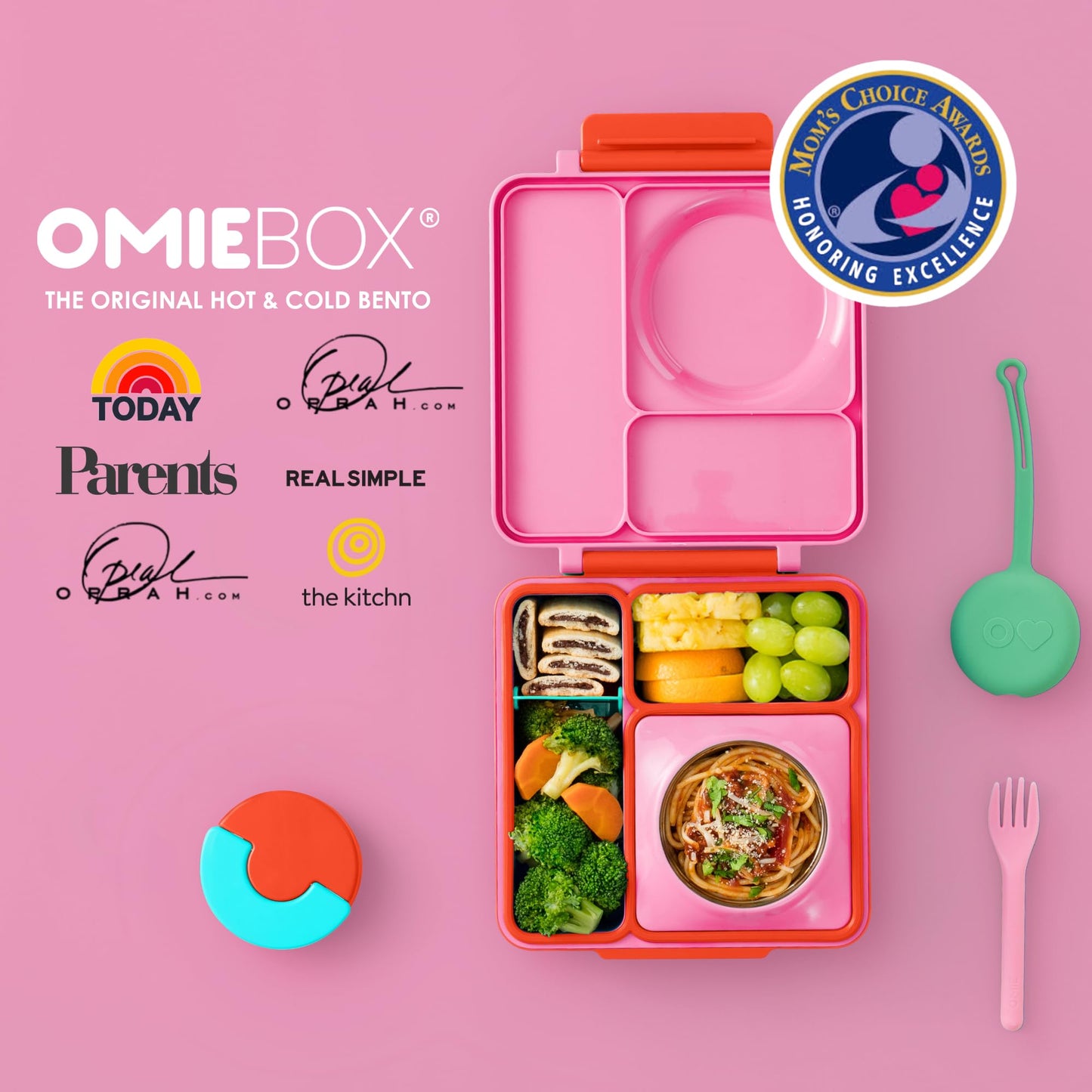 OmieBox Bento Box for Kids - Insulated Bento Lunch Box with Leak Proof Vacuum Insulated Food Jar - 3 Compartments, Two Temperature Zones (Pink Berry)