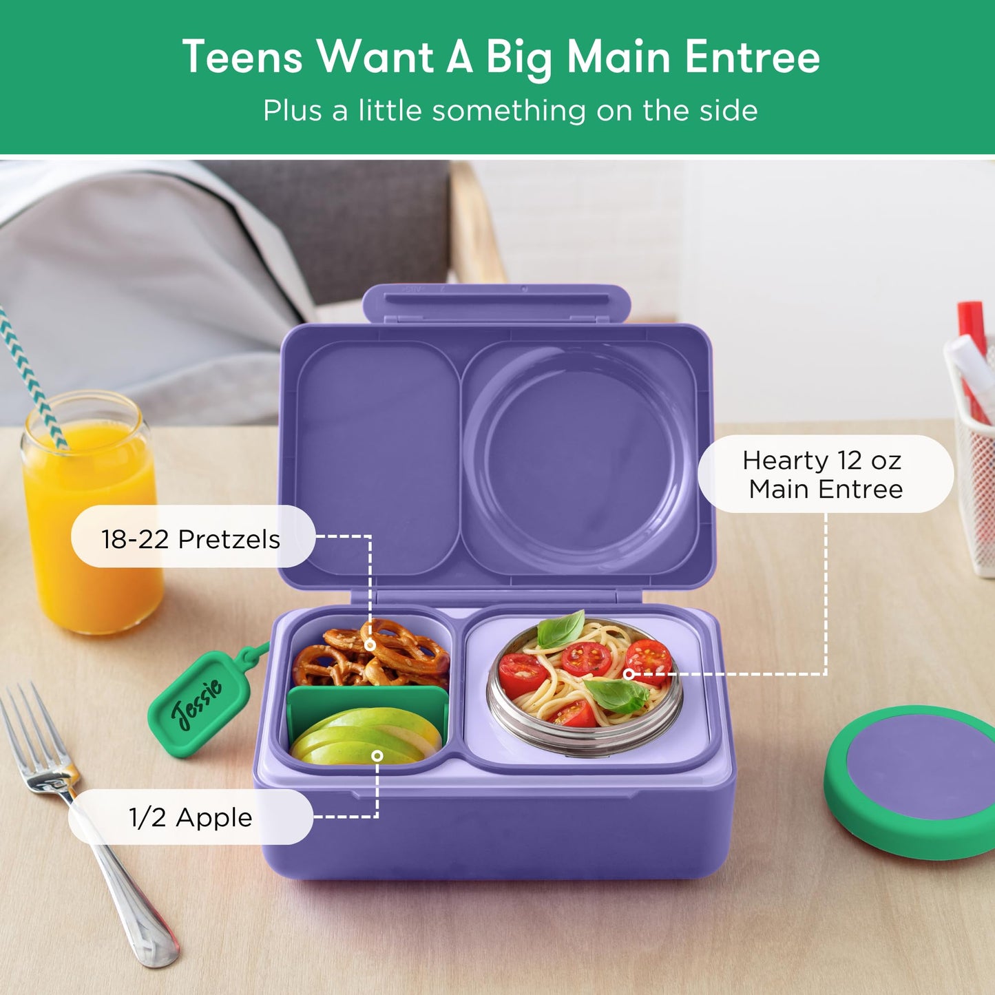 Omie OmieBox UP bento Box for Kids | Insulated Lunch Box | Leak Proof Vacuum Insulated Thermal Food jar | Cooler ice Pack | 2 Compartments (Galaxy Purple)