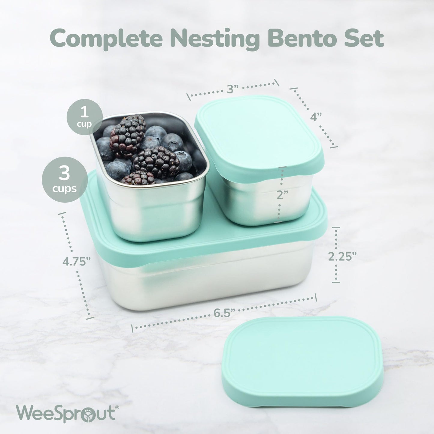WeeSprout Stainless Steel Lunch Box Set - 750mL & 230mL Food Storage Nested Bento Boxes with Food Grade Silicone Lid - Leak Proof - Freezer Safe (Matte Blue)