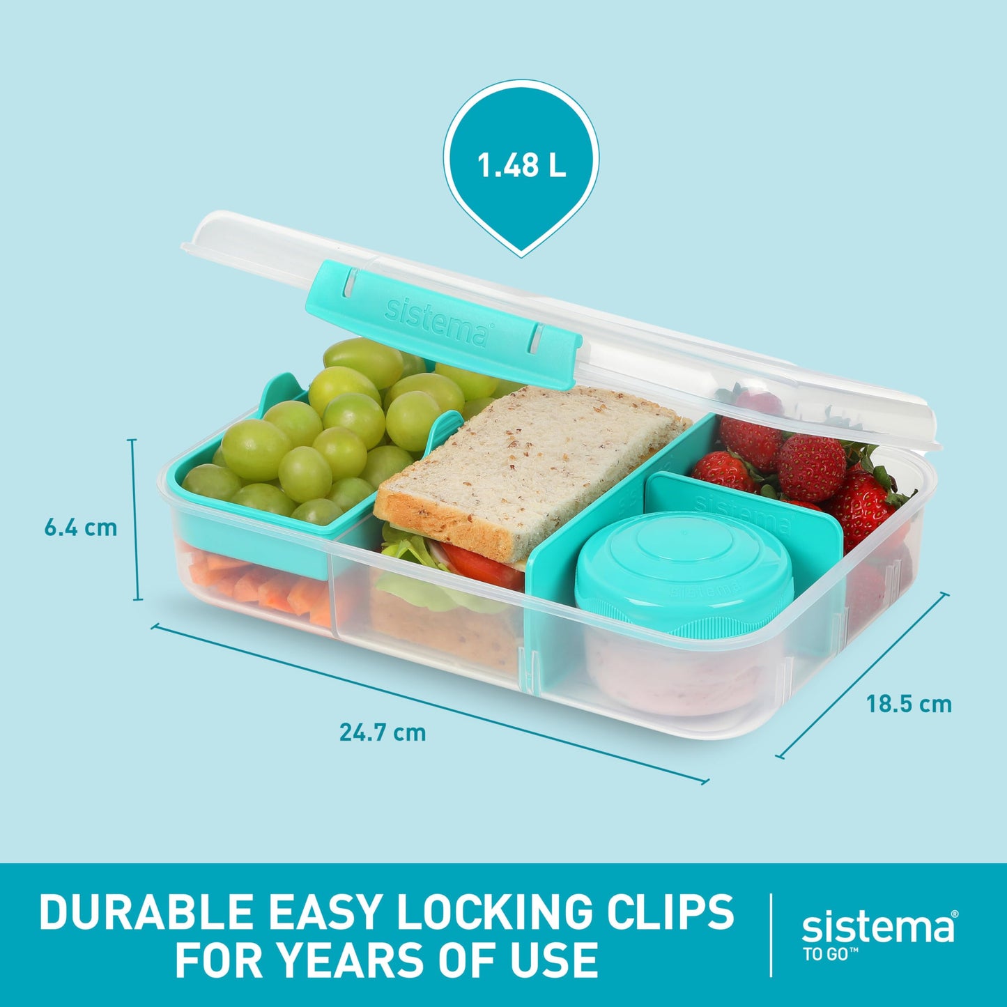 Sistema TO GO Bento Box Create 1.48 L School Lunch Boxes With Compartments & Snack Pot BPA-Free 2 Count Minty Teal