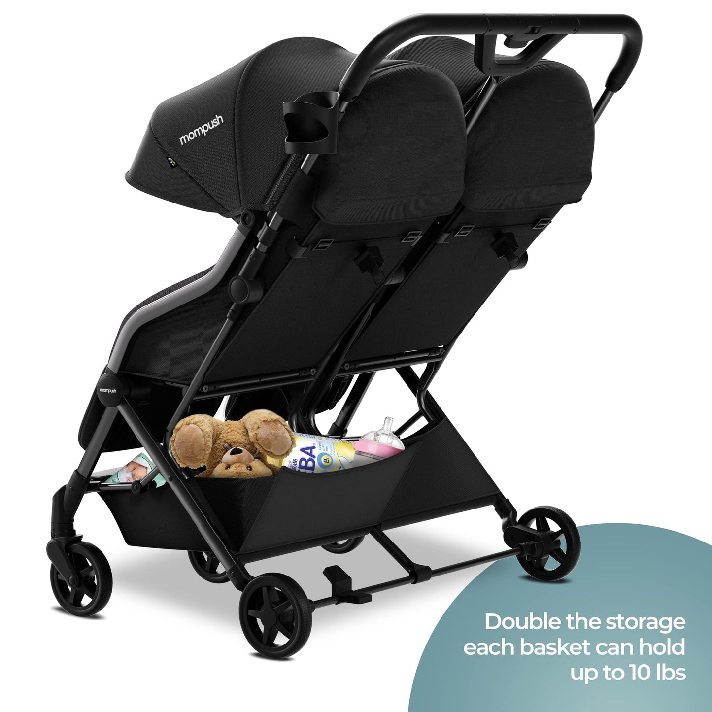 Mompush Lithe Double Stroller, Lightweight Side by Side Stroller for Newborn and Toddler, Easy Fold, Spacious Seats with Recline, UPF50+ Canopy