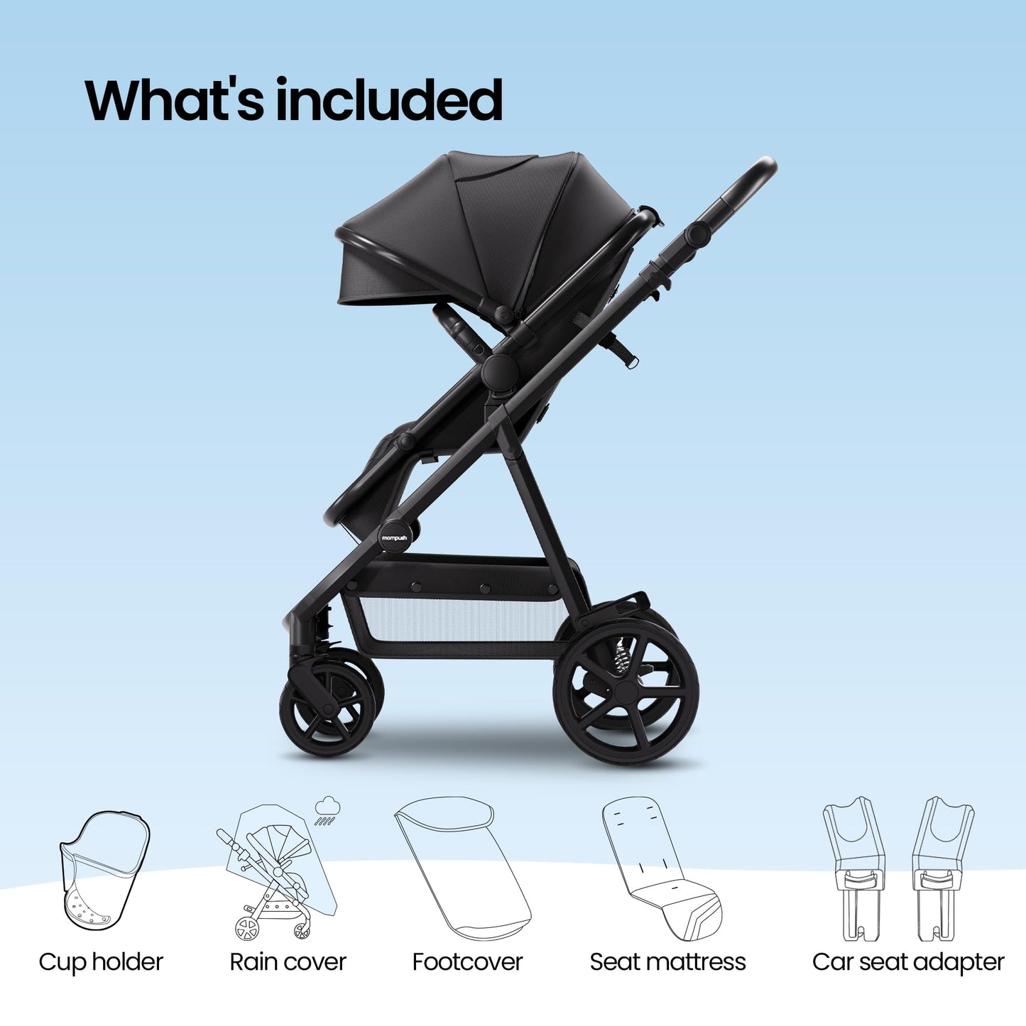 Mompush Meteor2 Baby Stroller 2-in-1 with Newborn Mode, Compatible with Infant Car Seat Adapter Included, Full-Size Bassinet Strollers for Family Outings