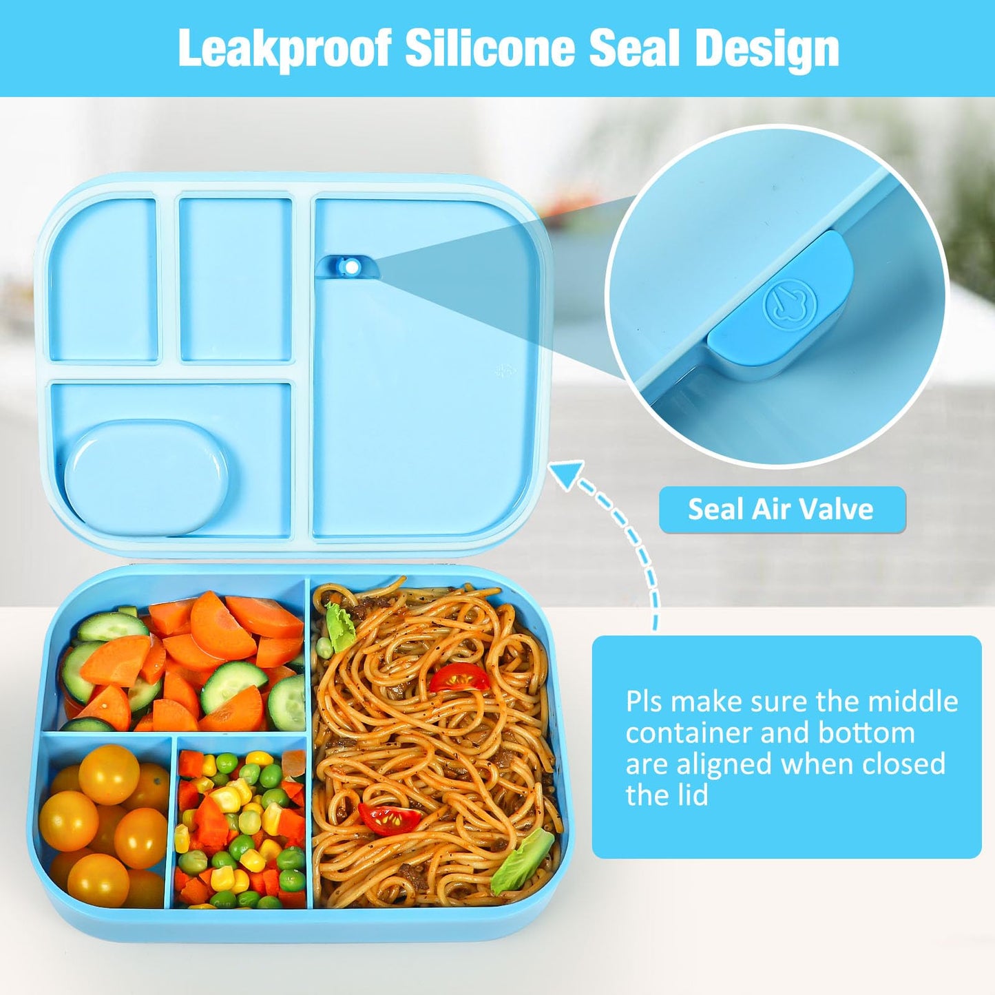 Caperci Bento Box for Kids - Stackable Leakproof Multiple Compartments 5.8 Cups Bento Lunch Box for Adults with Sauce Container - Idea for School, On-the-go, Built-in Utensil Set, BPA Free (Blue)