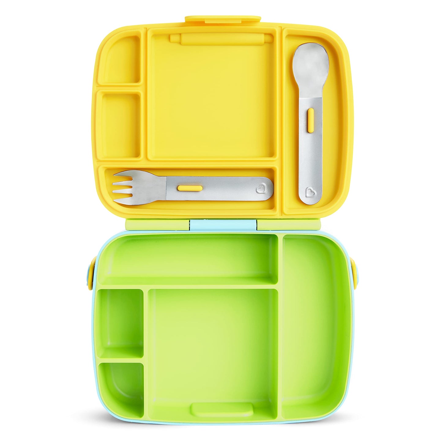 Munchkin Lunch Bento Box for Kids and Toddlers, Includes Stainless Steel Utensils, BPA-Free, 18 Months and Up, Blue/Green/Yellow