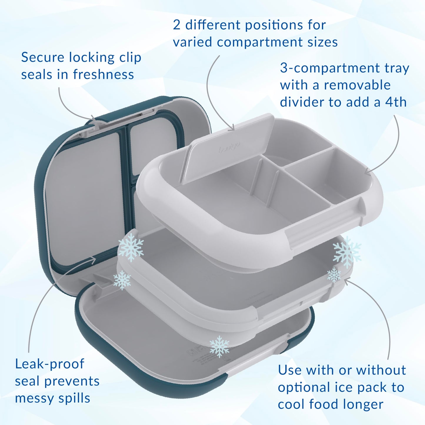 Bentgo Chill Max Leak-Proof XL Lunch Box - Included Ice Pack Keeps Food Cold; 5-Cup Capacity for Adults & Ages 8+, 3 or 4 Compartment Bento Box, BPA-Free, Dishwasher Safe (Fog & Deep Teal)