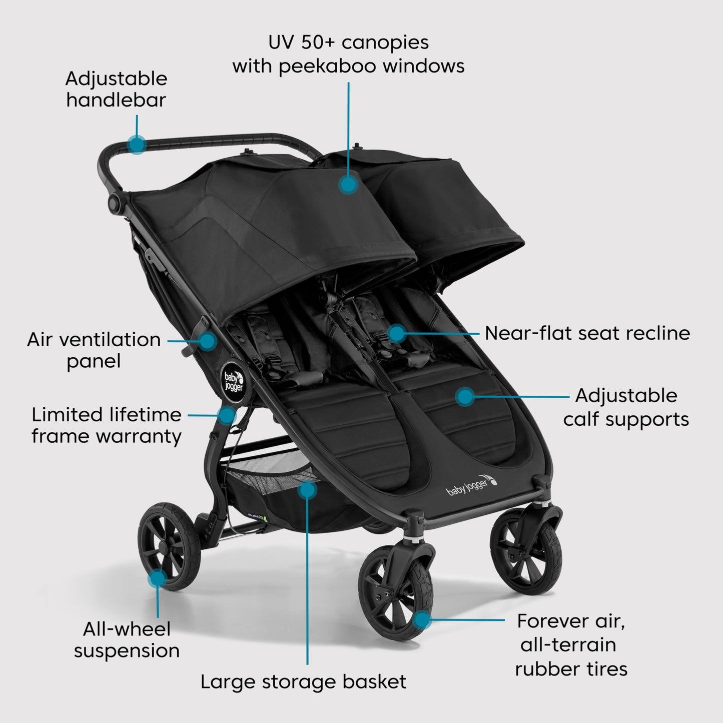 Baby Jogger City Mini GT2 All-Terrain Double Stroller Jet Black Perfect for Newborn and Toddler Compatible with Britax Cybex Graco and Maxi Cosi Infant Car Seats