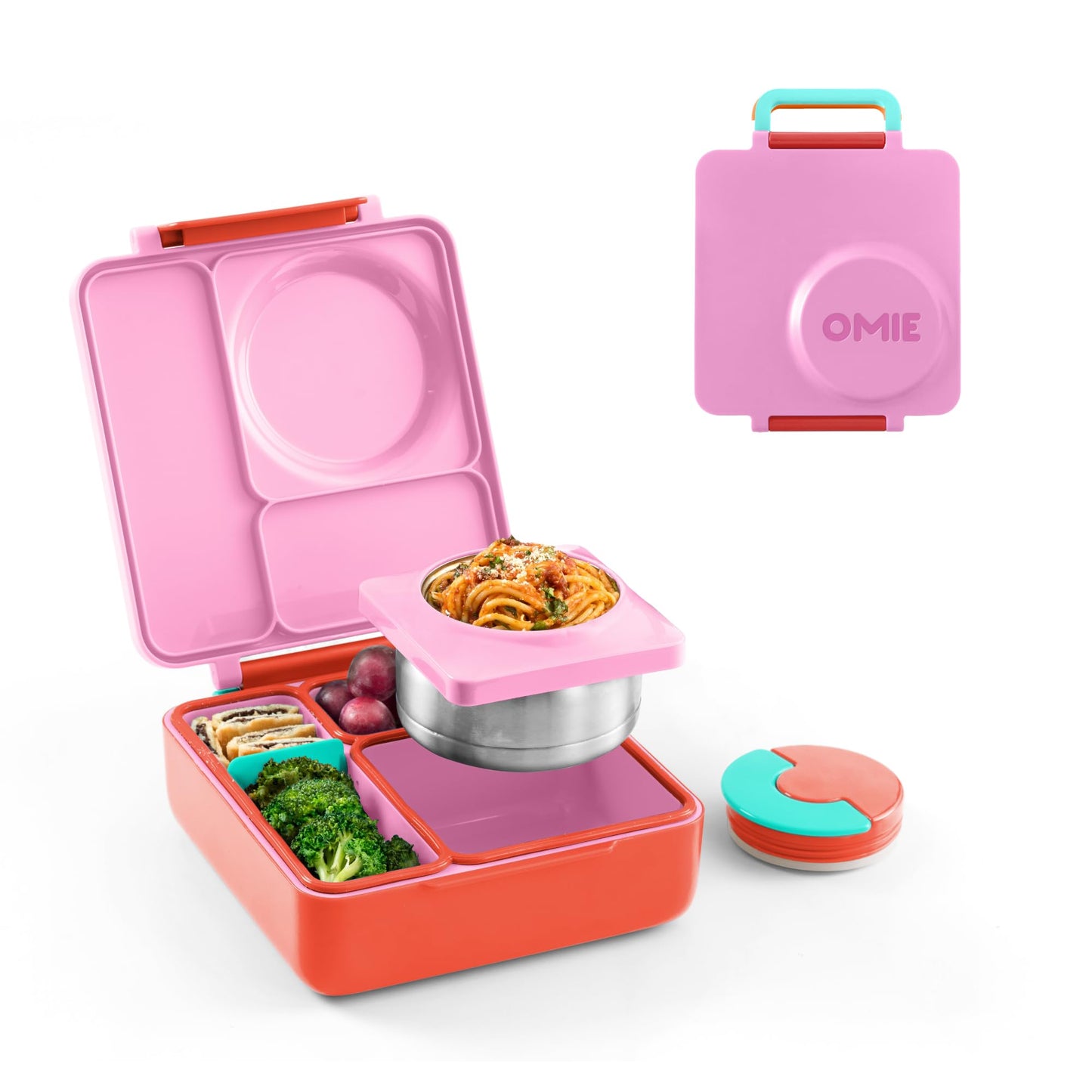 OmieBox Bento Box for Kids - Insulated Bento Lunch Box with Leak Proof Vacuum Insulated Food Jar - 3 Compartments, Two Temperature Zones (Pink Berry)