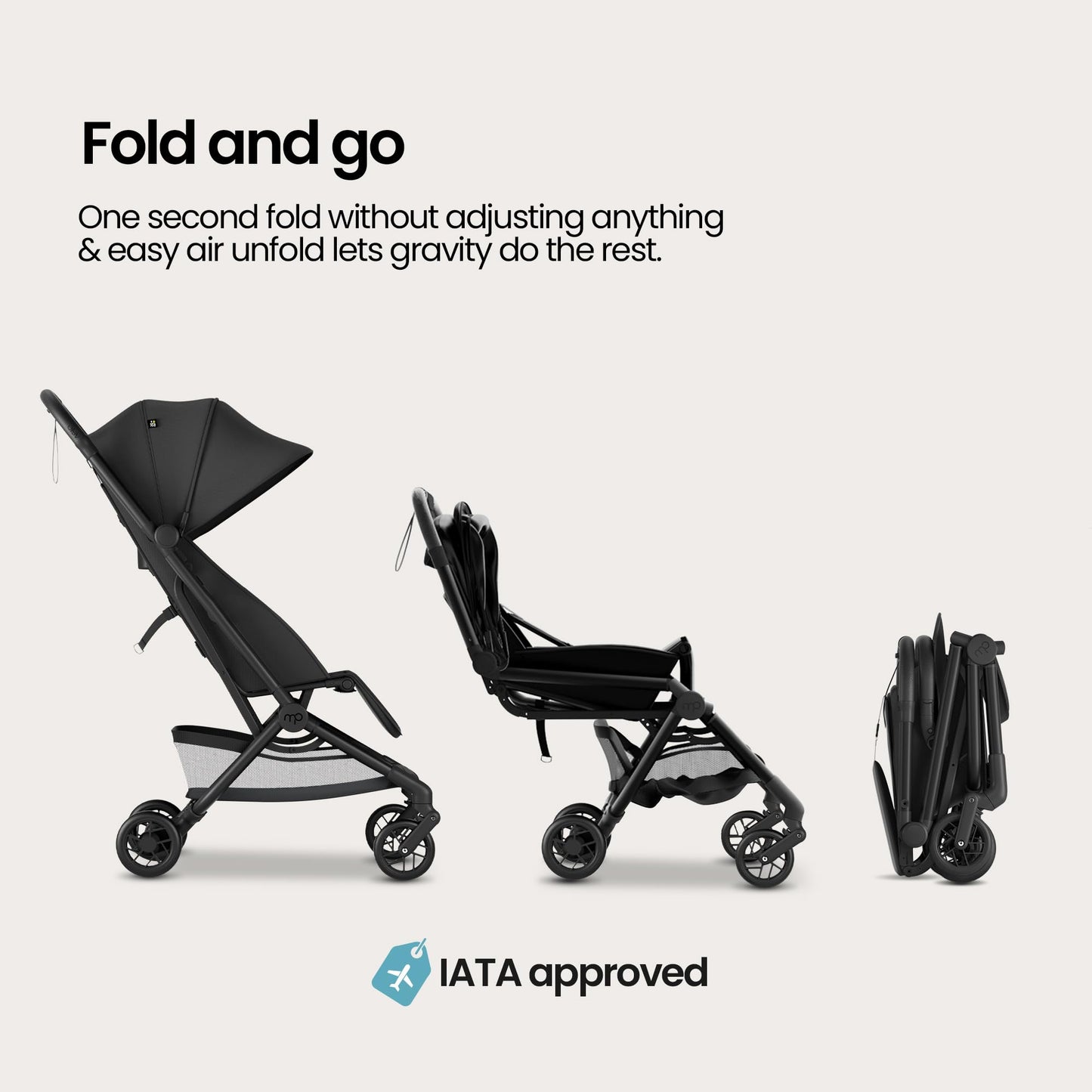 Mompush Velo Lightweight Travel Stroller, Compact & Airplane-Friendly for Baby and Toddler, Lie-Flat Seat, One-Hand Fold, with Leather Bumper Bar, Shoulder Strap, Raincover, Storage Bag & Cup Holder