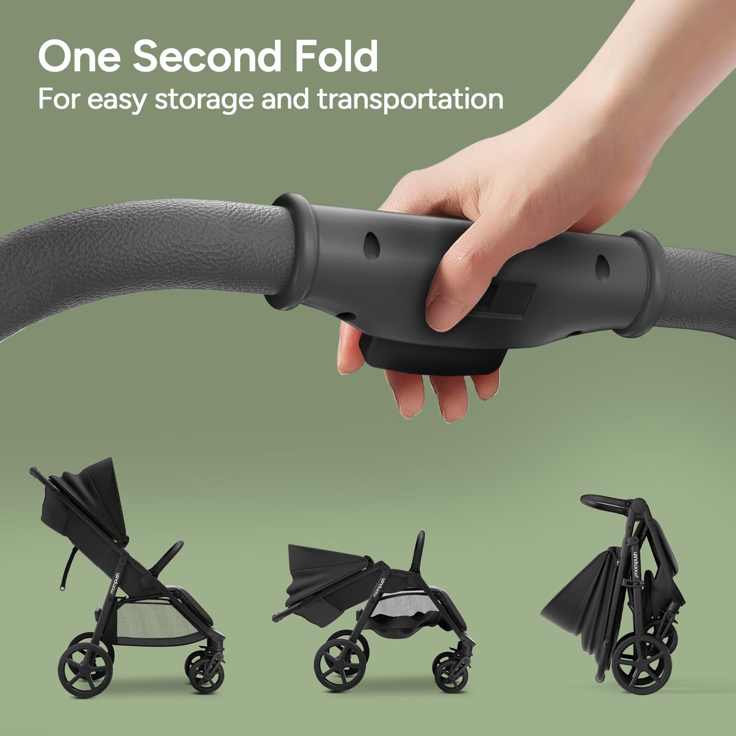 Mompush Nova Baby Stroller for Toddler, Infant & Newborn | Spacious Seat & Lie-Flat Mode | Compact One-Hand Fold, UPF 50+ Canopy & All-Wheel Suspension | Includes Rain Cover & Cup Holder