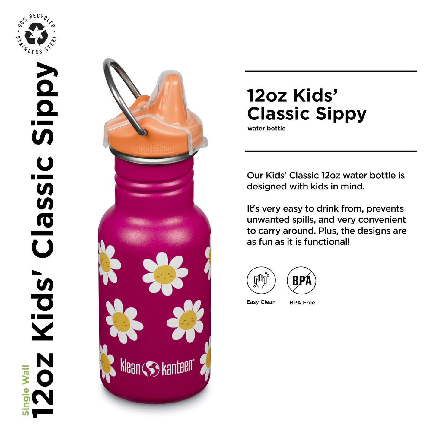 Klean Kanteen 12 oz Classic Kid's Sippy Bottle - For Little Hands - With Dust Cover & Attachable Loop - Durable, BPA-Free, Stainless Steel Material - Fits Interchangeable Caps - Happy Flowers