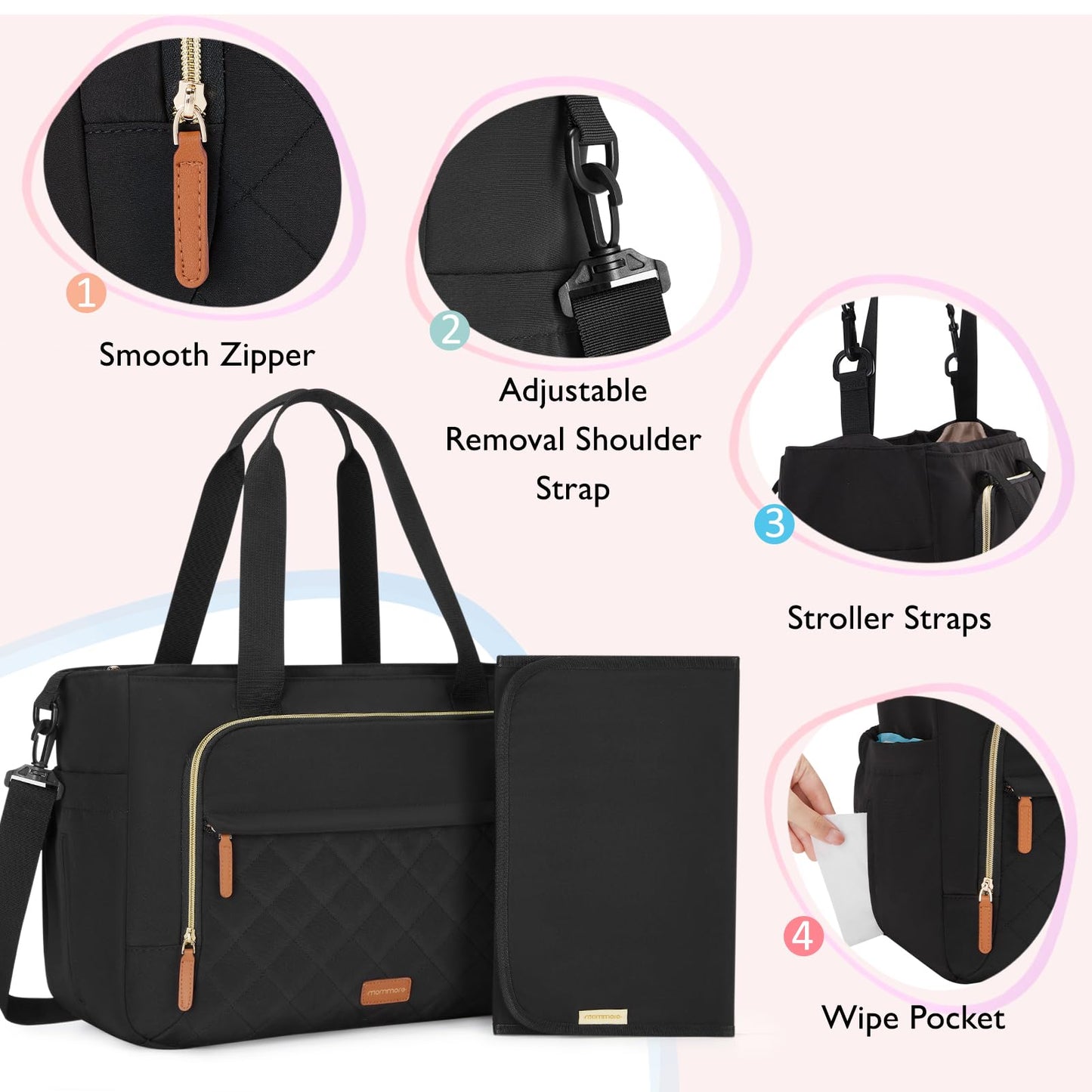 mommore Diaper Bag Tote, Small Baby Bag with Insulated Pockets, Lightweight Quilted Tote Bag for Mom with Stroller, Gym Bag with Yoga Strap for Work Nurse Travel