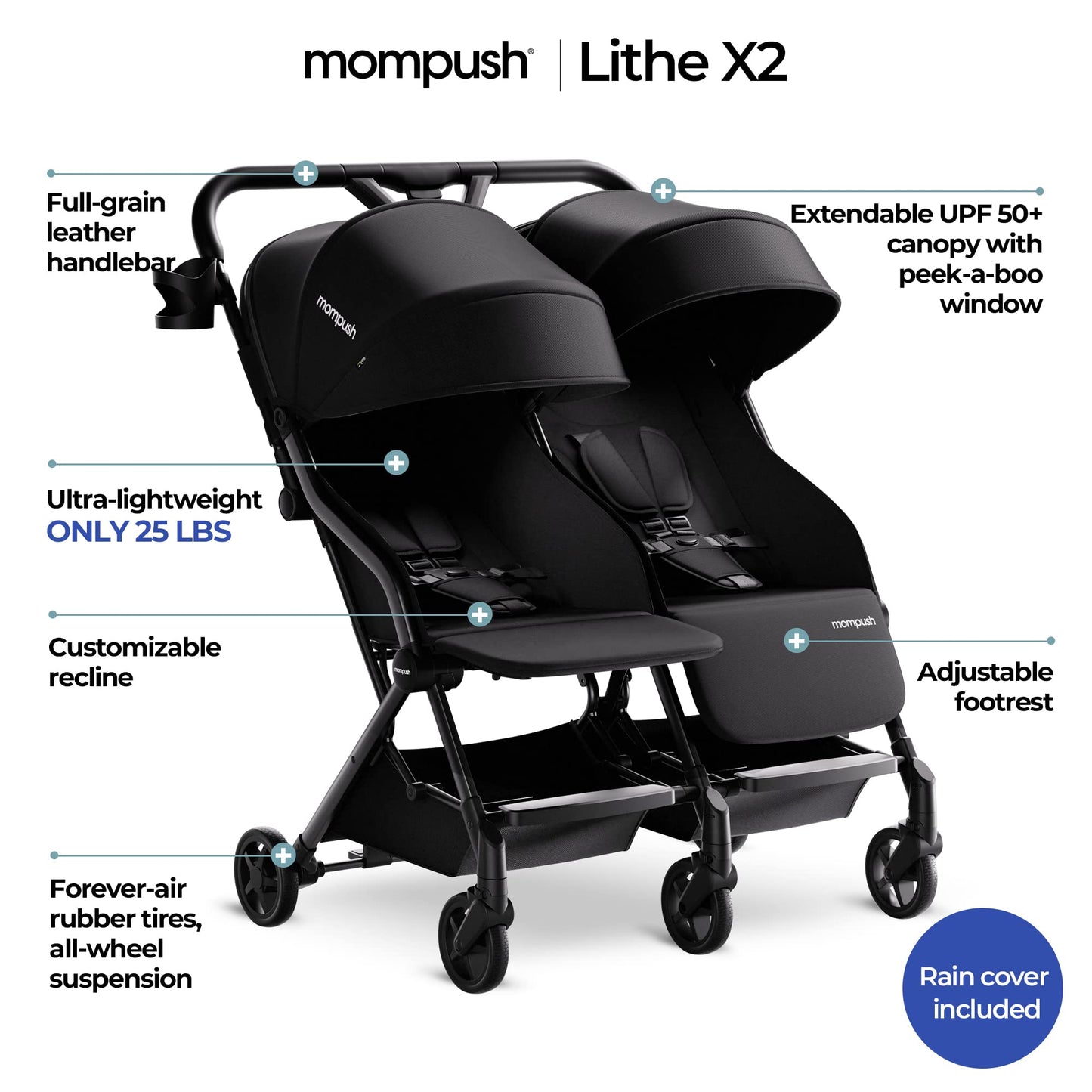 Mompush Lithe Double Stroller, Lightweight Side by Side Stroller for Newborn and Toddler, Easy Fold, Spacious Seats with Recline, UPF50+ Canopy