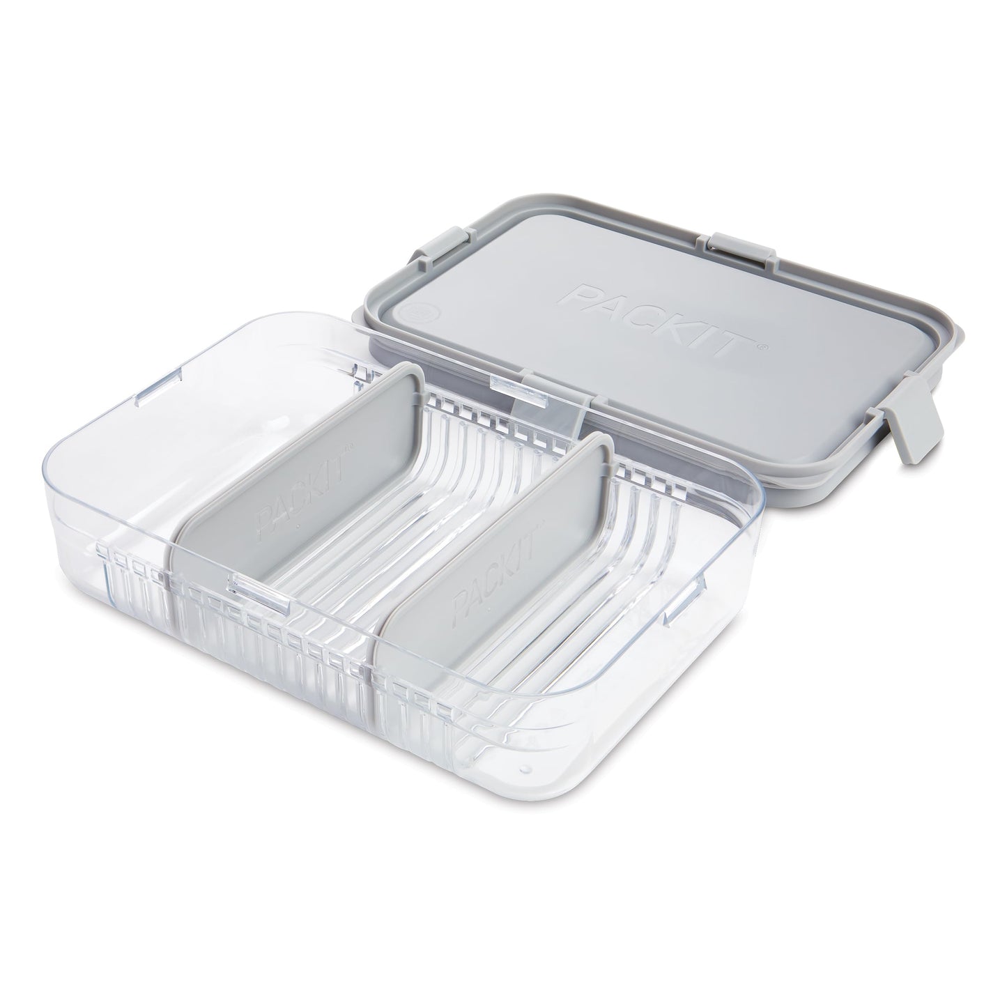 PackIt Mod Lunch Bento Food Storage Container, Steel Gray, Shatterproof Crystal Clear Base, with Leak-resistant Dividers and Lid, Microwavable, Dishwasher Safe, Perfect for Meal Prep