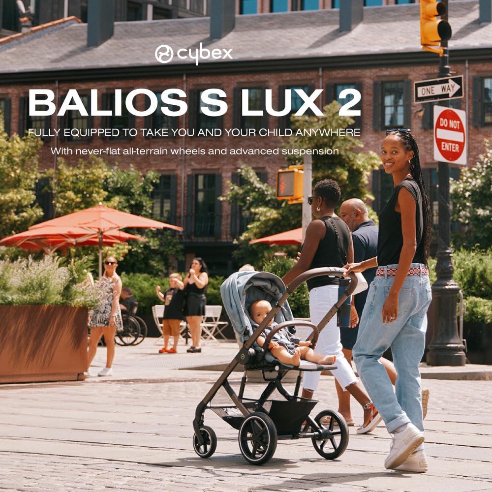 Cybex Balios S Lux Toddler and Baby Stroller with Reversible Seat, Unique One-Pull Harness, and Multiple Recline - Travel System Ready, with One Hand Fold, Silver Frame/Ocean Blue Seat