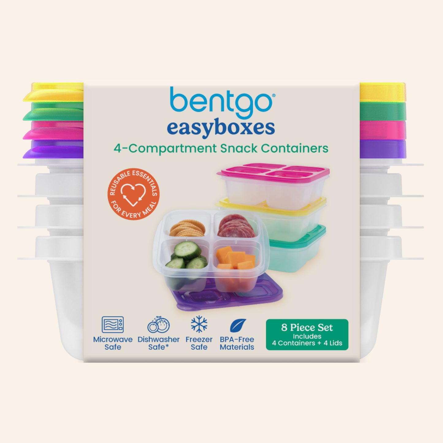 Bentgo Easyboxes 4-Compartment Snack Containers - 8-Piece Set with 4 Trays & 4 Custom-Fit Lids to Seal in Freshness - Reusable Food Storage & Meal Prep Bento BPA-Free Containers (Brights)