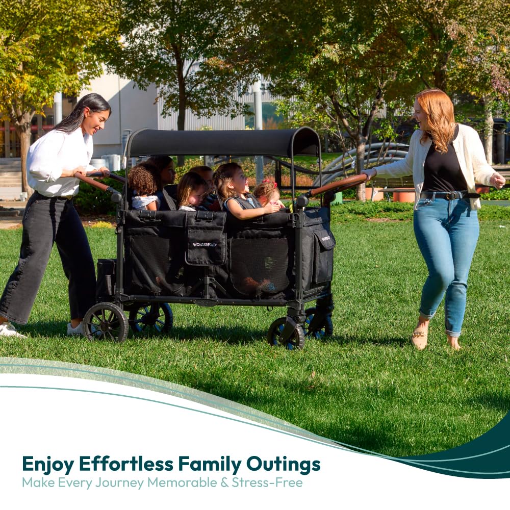 WONDERFOLD W6 Luxe Pro Stroller Wagon (6 Seater) - Collapsible Wagon Stroller with Seats Featuring 5-Point Safety Harnesses and Adjustable Sun Canopy, Jet Black