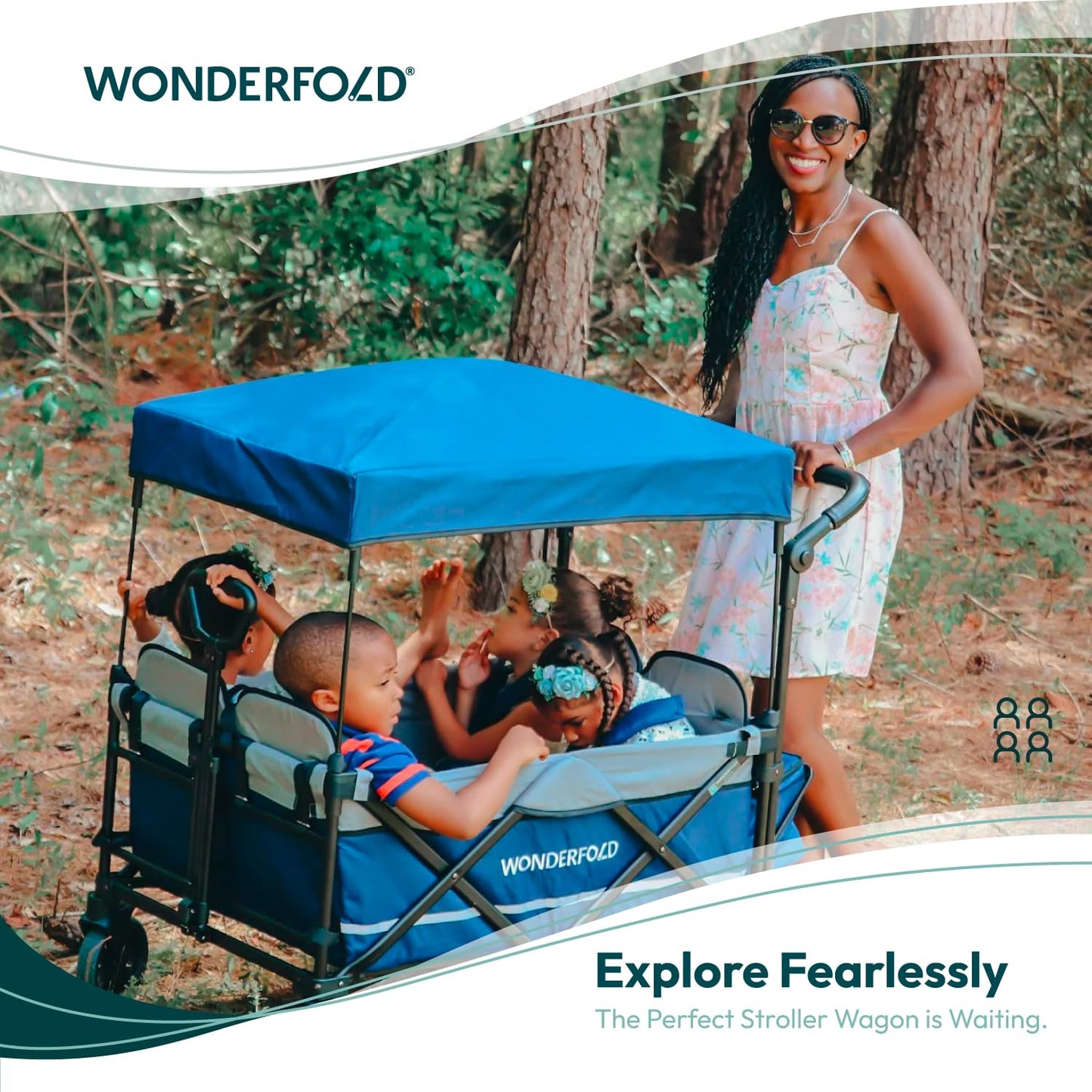 WONDERFOLD X4 Push & Pull Stroller Wagon (4 Seater) - Wagon Stroller with Seats with 5-Point Harnesses, Adjustable Push Handle, and Sun Canopy, Stealth Black