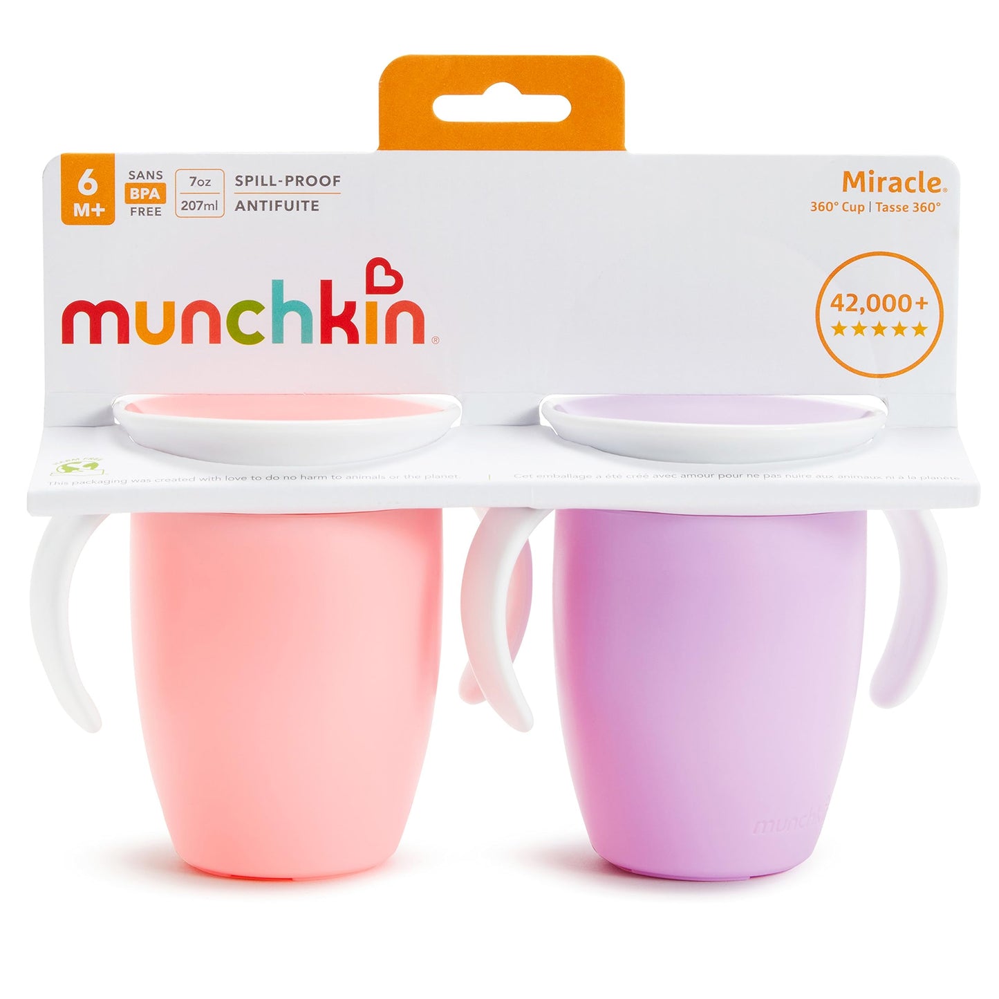Munchkin Miracle 360 Sippy Cup for 6 Month Old, Spill Proof Baby and Toddler Cups with Transition Handles, 7 Ounce, 2 Pack, Pink/Purple
