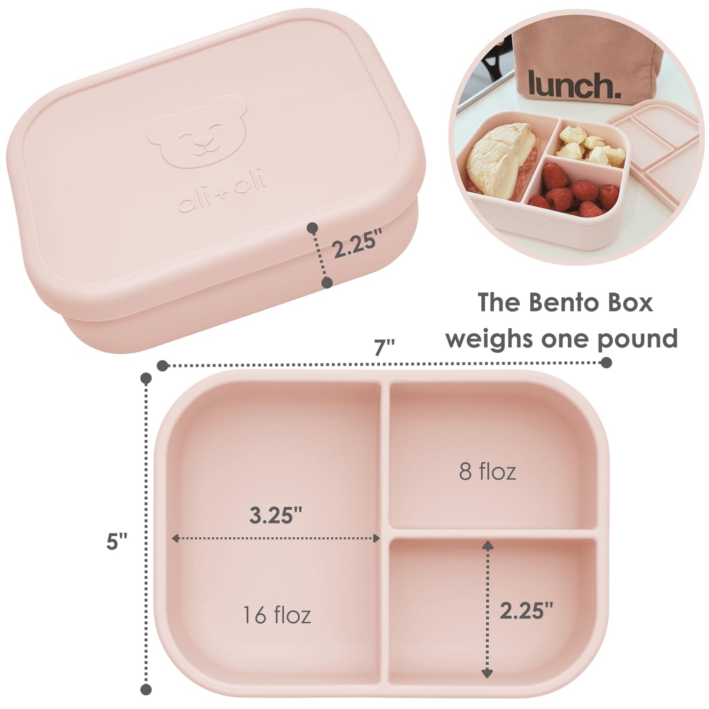 Ali+Oli Silicone Bento Box (Blush) Lunch Box for Kids, Toddlers, Preschoolers & Adults | BPA-Free and Spill-Proof | Ideal for School, and On-the-Go Meals| Perfect for Lunch, Snacks, and Meals