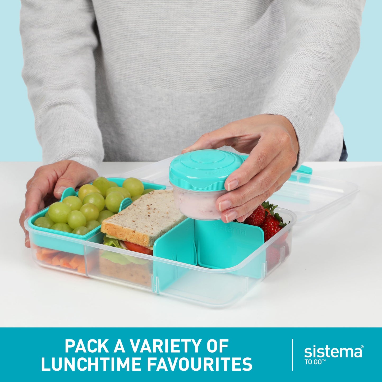 Sistema TO GO Bento Box Create 1.48 L School Lunch Boxes With Compartments & Snack Pot BPA-Free 2 Count Minty Teal