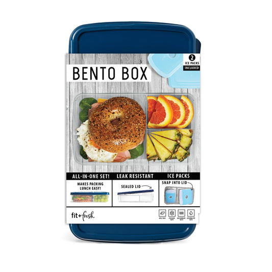 Fit & Fresh Bento Box Adult and Kids Lunch Box Container, Includes 2 Slim Clip-in Ice Packs, Reusable, Leak-Resistant, & Stackable Lunch Container for Adults