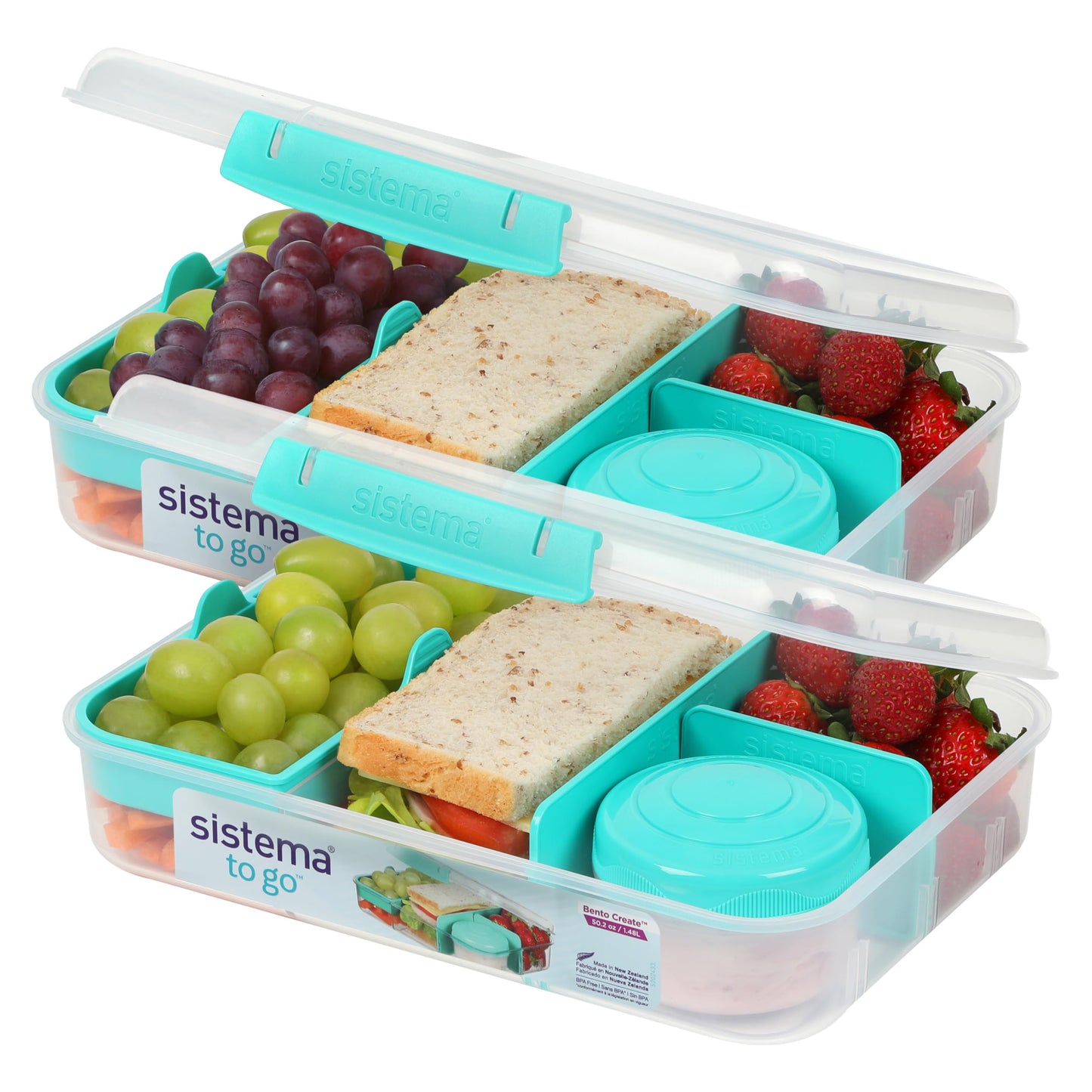 Sistema TO GO Bento Box Create 1.48 L School Lunch Boxes With Compartments & Snack Pot BPA-Free 2 Count Minty Teal
