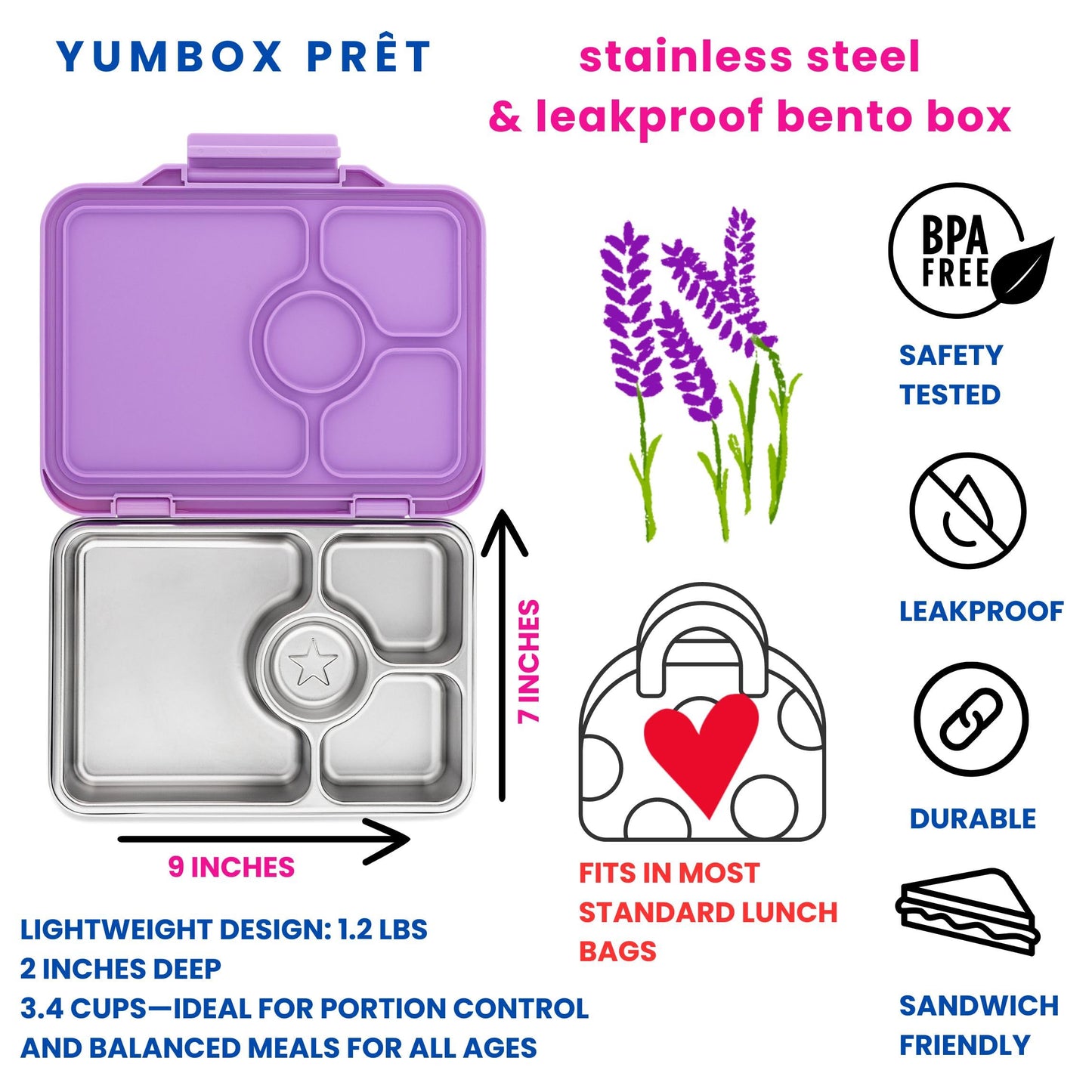 Yumbox Prêt Leakproof Stainless Steel Bento Lunch Box, 3.4 Cup Healthy Portion Size for Balanced Eating – Durable Lunch Container for Sandwiches & Snacks (Lavande Purple)