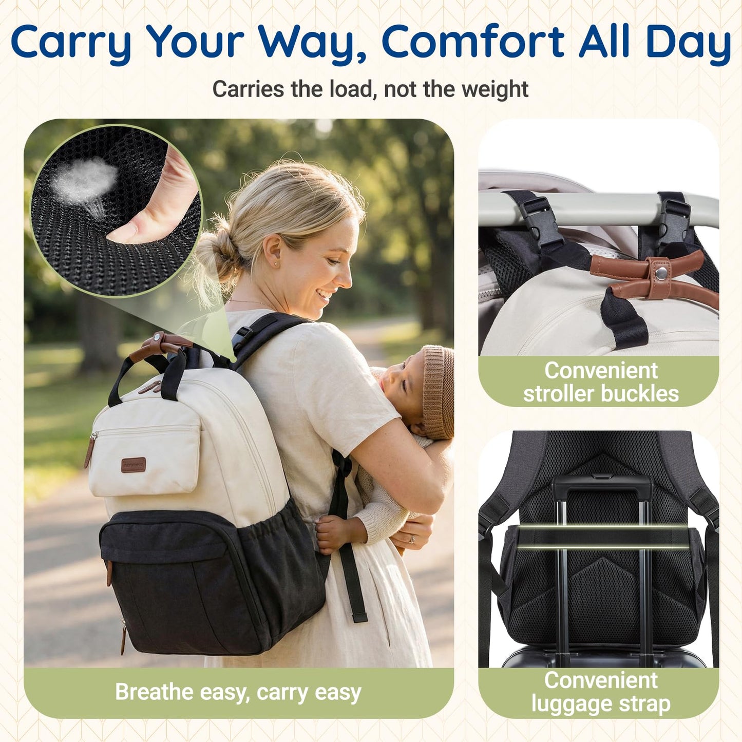 mommore Diaper Bag Backpack, Multi-function Travel Baby Diaper Bag for Mom, Large Capacity Baby Essentials with Insulated Pockets, Changing Pad, Stroller Straps