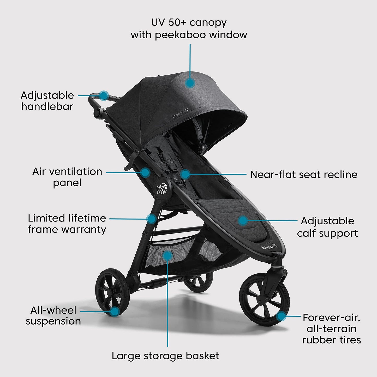 Baby Jogger City Mini GT2 All-Terrain Stroller Black Complete with Adjustable Handlebar Hand-Operated Parking Brake and car seat Adapter