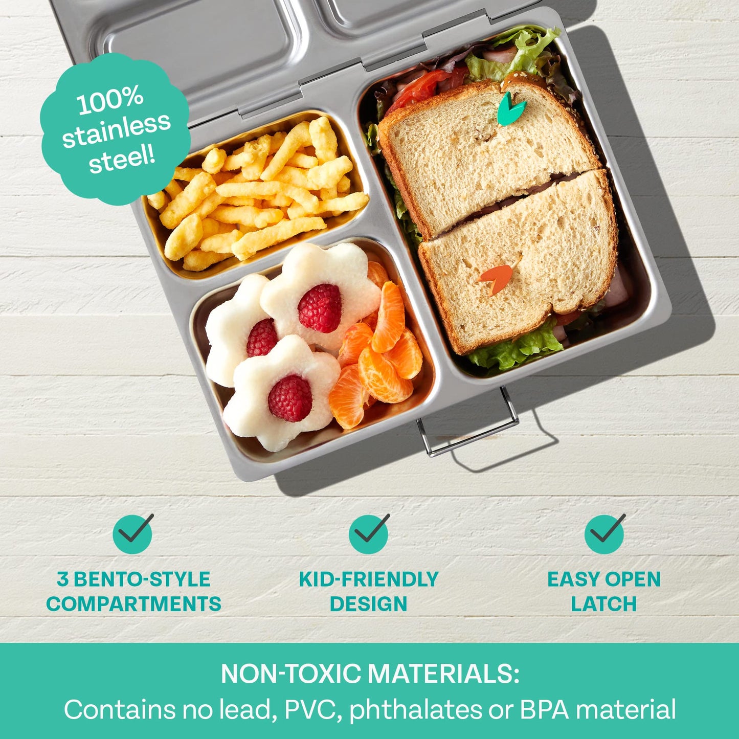 PlanetBox Launch Stainless Launch Bento Box Style Lunch Box for Kids with 3 Compartments – Durable, Dishwasher Safe & BPA-Free Food Container