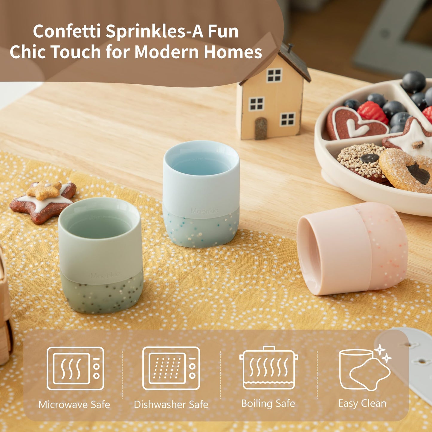 Moonkie Silicone Baby Cups 4 Months+ | Tiny Open Training Cups for Infants with Confetti Sprinkles | Baby-Led Weaning Essential | 2 oz (Blush/Soft Lilac, 2 Pack)