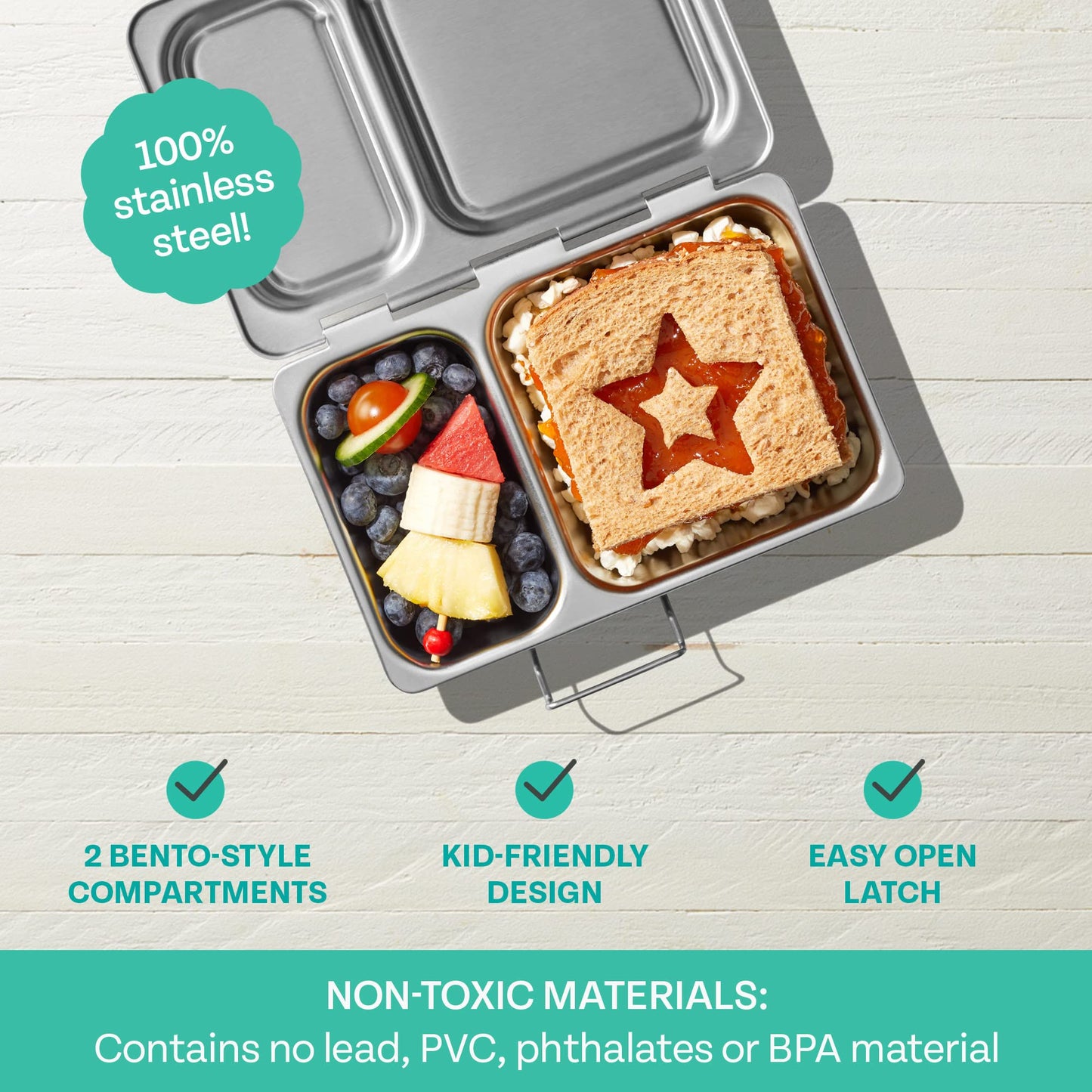 PlanetBox Shuttle Stainless Shuttle Bento Box Style Lunch Box for Kids with 2 Compartments – Durable, Dishwasher Safe & BPA-Free Food Container