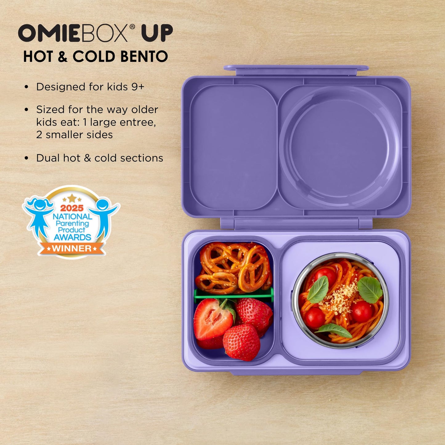 Omie OmieBox UP bento Box for Kids | Insulated Lunch Box | Leak Proof Vacuum Insulated Thermal Food jar | Cooler ice Pack | 2 Compartments (Galaxy Purple)
