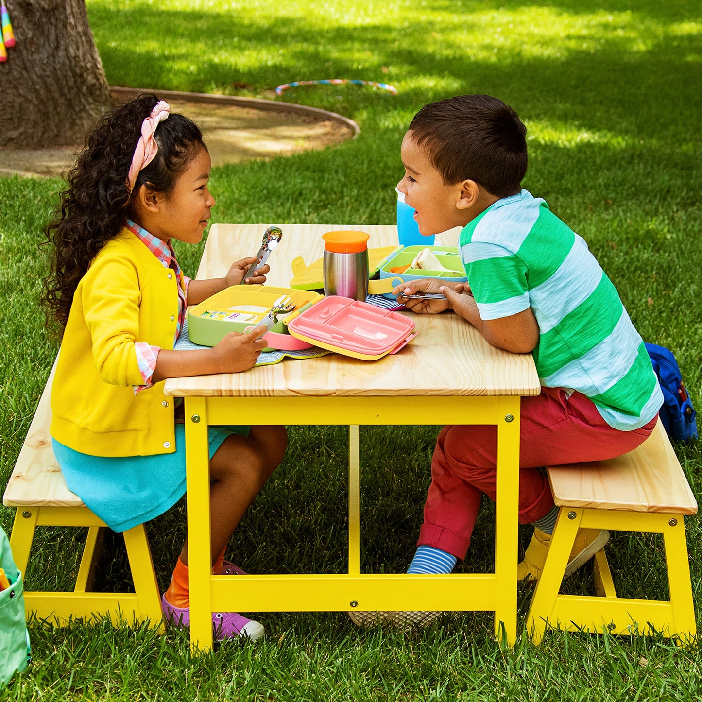 Munchkin Lunch Bento Box for Kids and Toddlers, Includes Stainless Steel Utensils, BPA-Free, 18 Months and Up, Blue/Green/Yellow