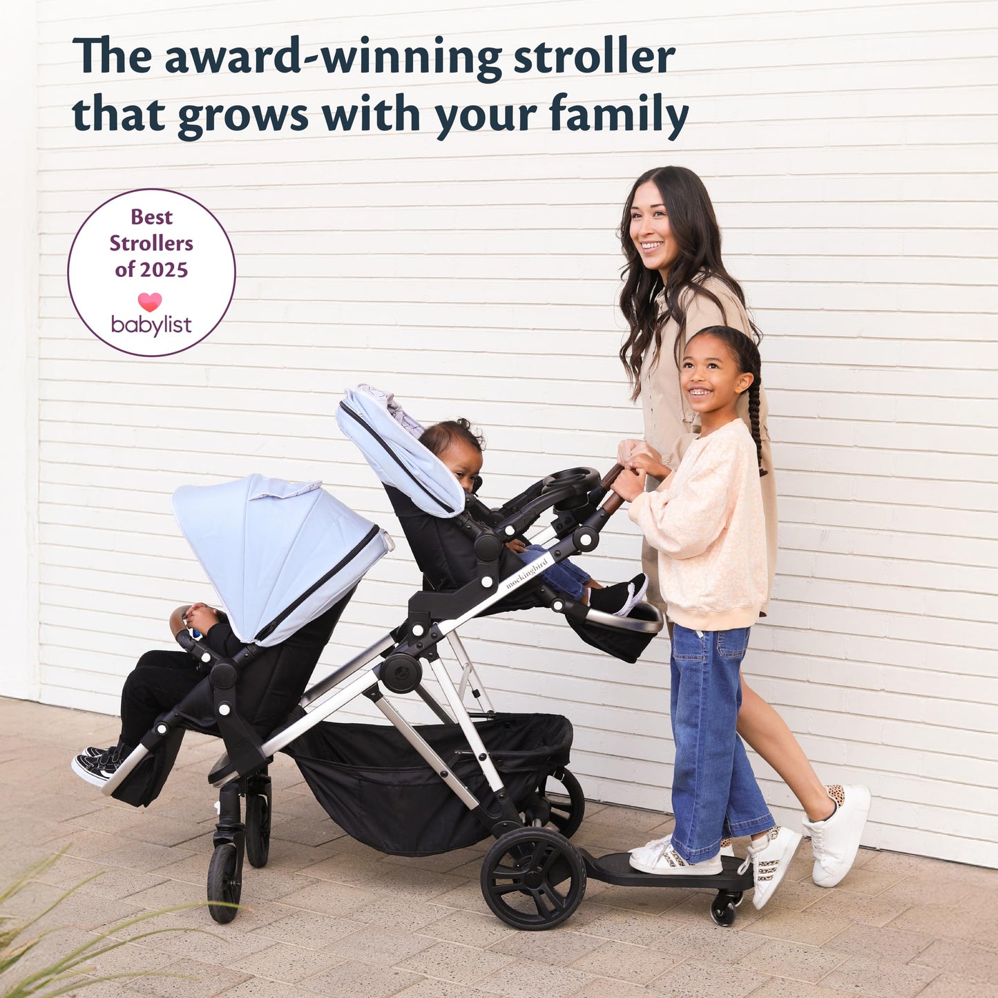 Mockingbird Single-to-Double Stroller 2.0 - Convertible Full-Size Baby Stroller for 1, 2 or 3 Kids - Includes Cup Holder - Sage
