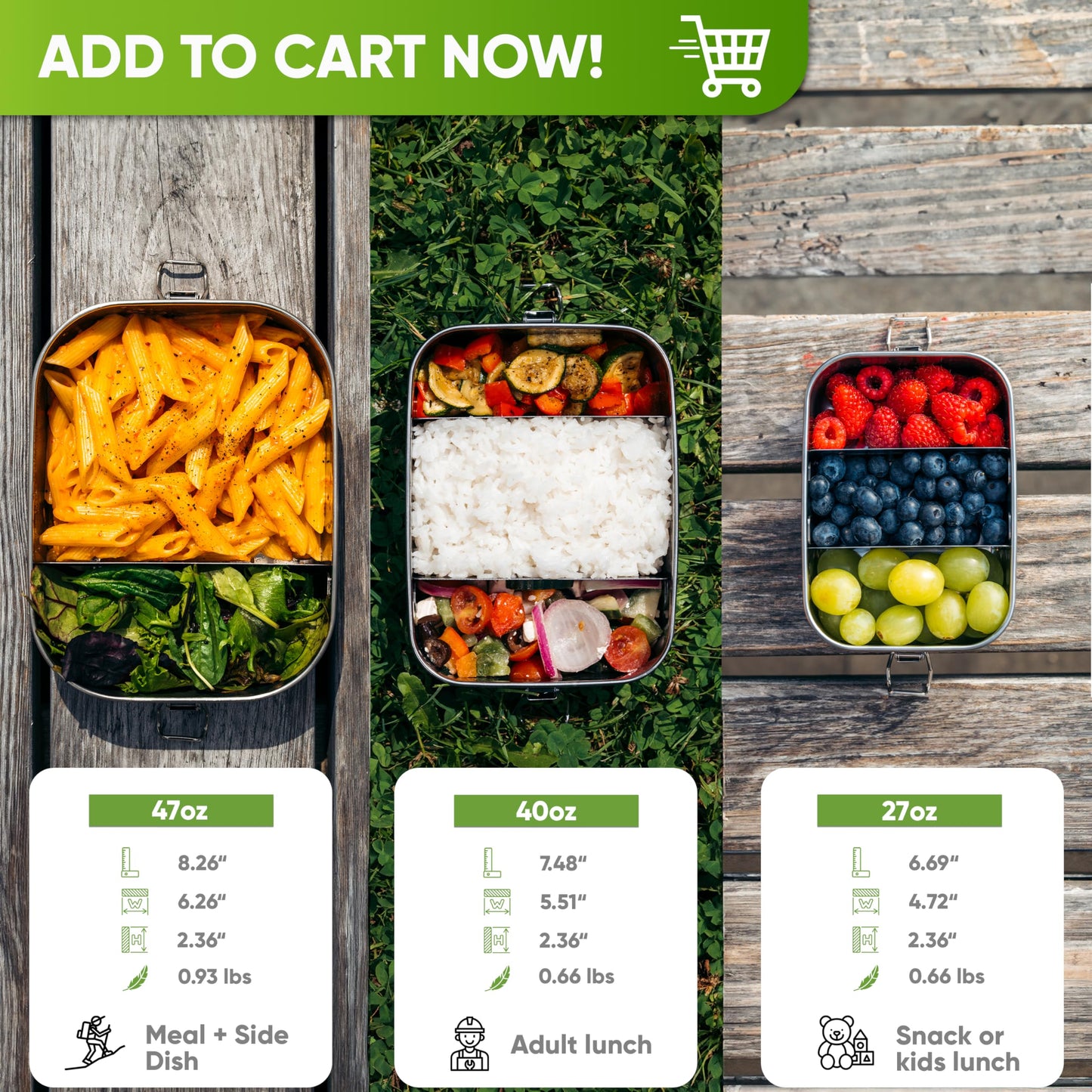 Blockhütte Stainless Steel Lunch Box I 27oz I with free sealing I Bento Box 3 Compartments, Leak-Proof Food Containers, Metal Lunchbox for Travel & Work, Eco-Friendly Meal Storage Solution