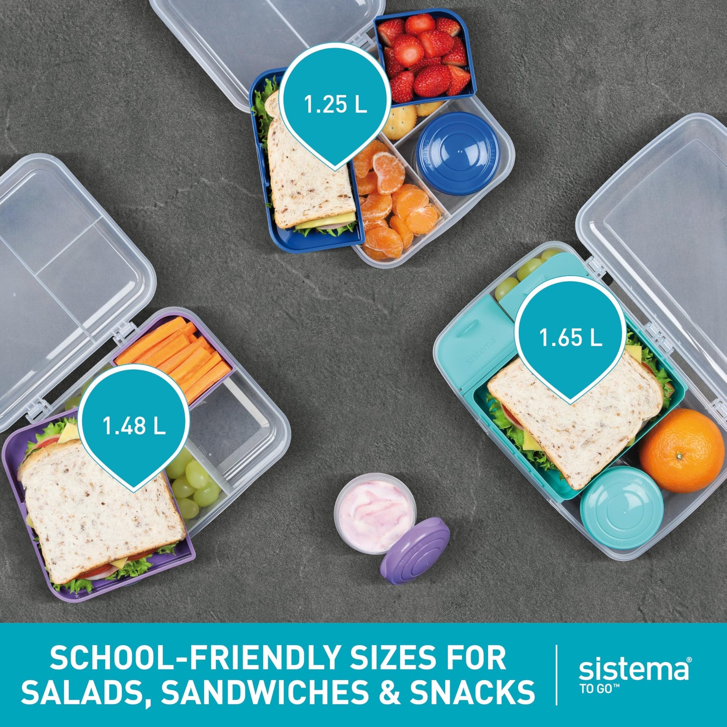 Sistema TO GO Bento Box Create 1.48 L School Lunch Boxes With Compartments & Snack Pot BPA-Free 2 Count Minty Teal