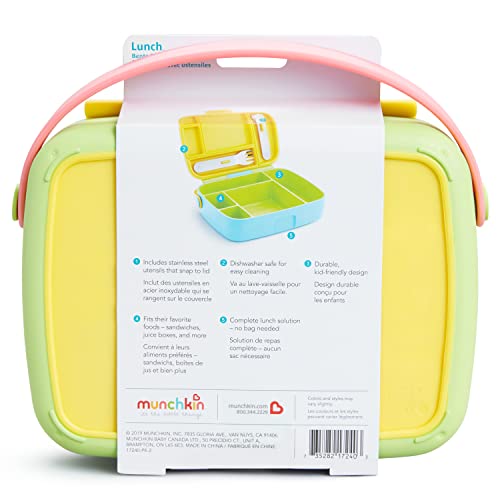 Munchkin Lunch Bento Box for Kids and Toddlers, Includes Stainless Steel Utensils, BPA-Free, 18 Months and Up, Pink/Green/Yellow